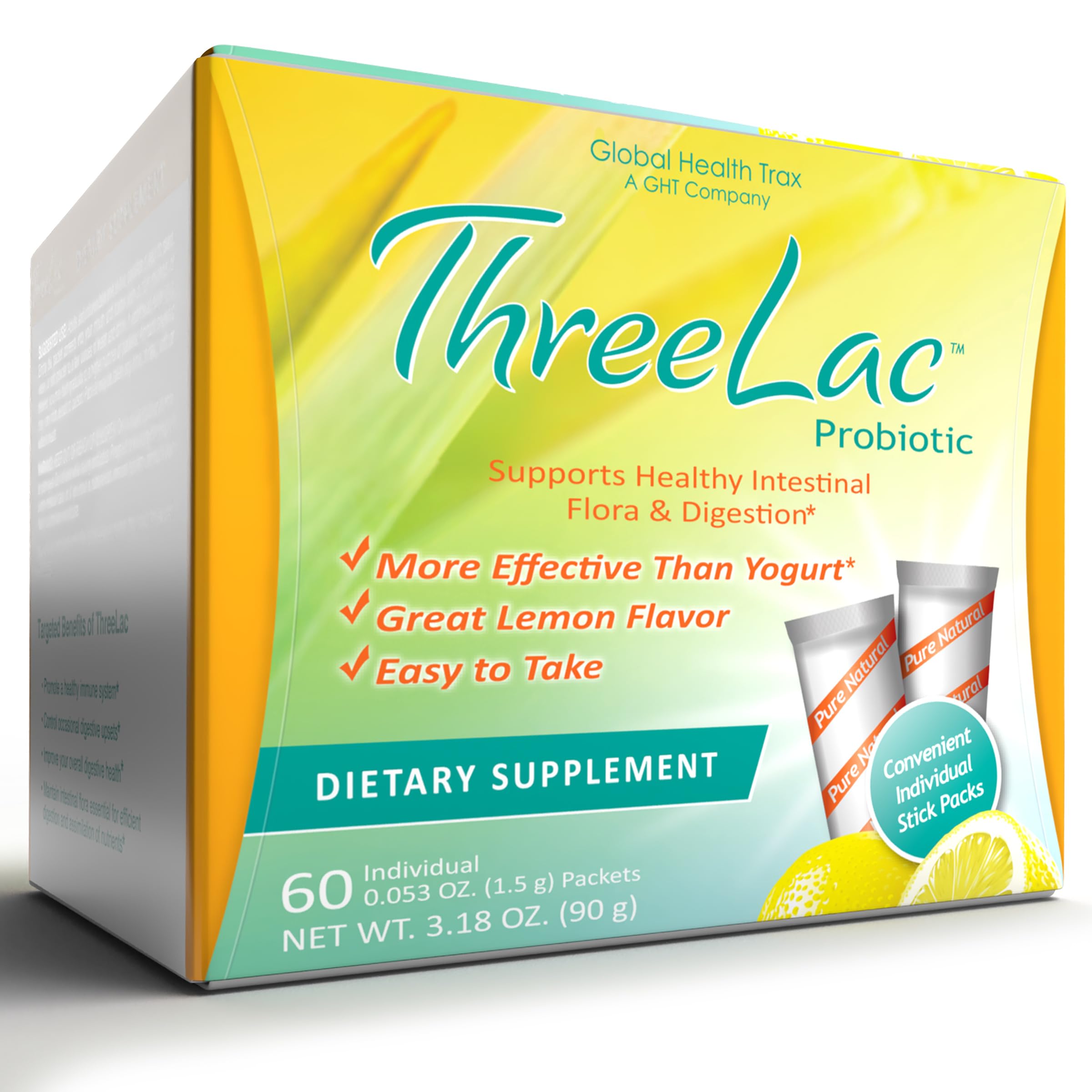 Global Health Trax GHT - ThreeLac Lemon Probiotic Drink Mix for Digestive Health - Advanced Probiotic Powder Formula for Men, Women & Kids - Immune Support & Gut Balance, Non-GMO - 60 Packets ght Global Health Trax buy supplements canada