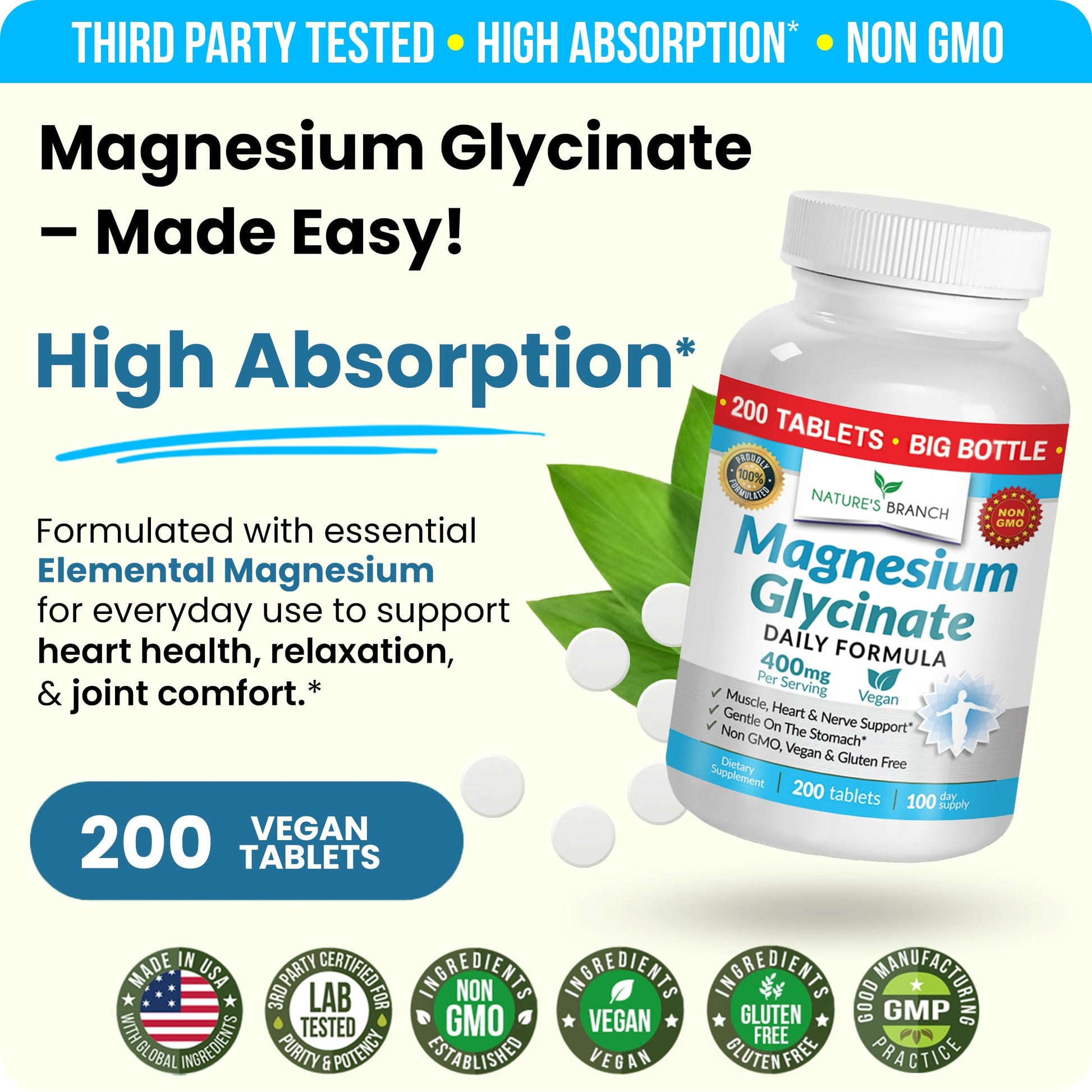 Magnesium Glycinate 400mg | 200 Tablets | High Absorption Mag Supplements for Sleep, Leg Cramps, Heart, Muscle, Calm | Non Buffered Bisglycinate, Extra Strength for Women and Men, Tablets Not Capsules NATURE'S BRANCH buy supplements canada