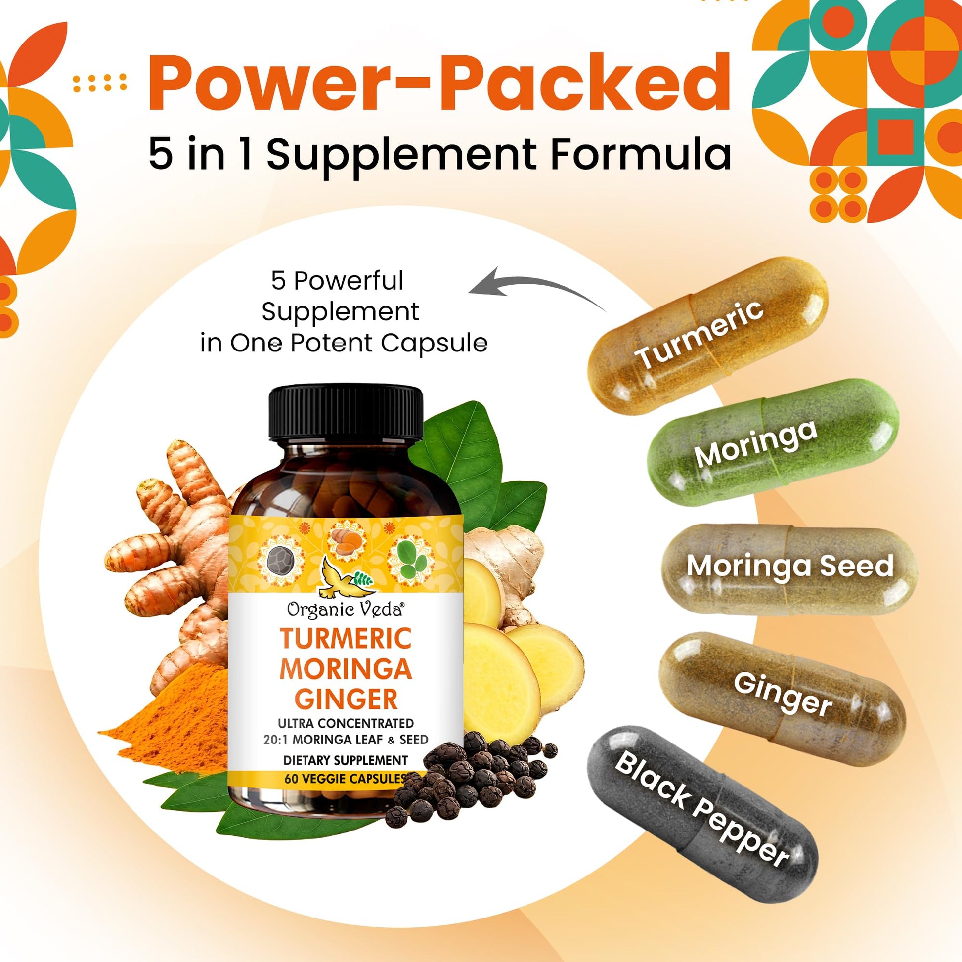 Organic Veda Turmeric Moringa Ginger Capsules - Super Antioxidants & Curcumin Supplement with 20:1 Moringa Leaf & Seed Extract, Black Pepper - Energy, Joints, Heart Health Support - 60 Vegan Pills Organic Veda buy supplements canada
