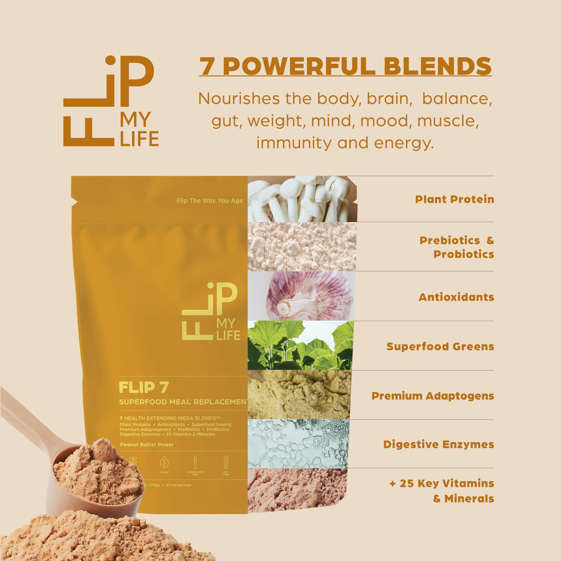 Flip My Life, Flip 7 Natural SuperFood, Plant-Based Protein, Complete Meal Replacement to Support Healthy Gut, 7 Mega Nutrient Rich Blends all in one to AGE BETTER - Peanut Butter Flip My Life buy supplements canada