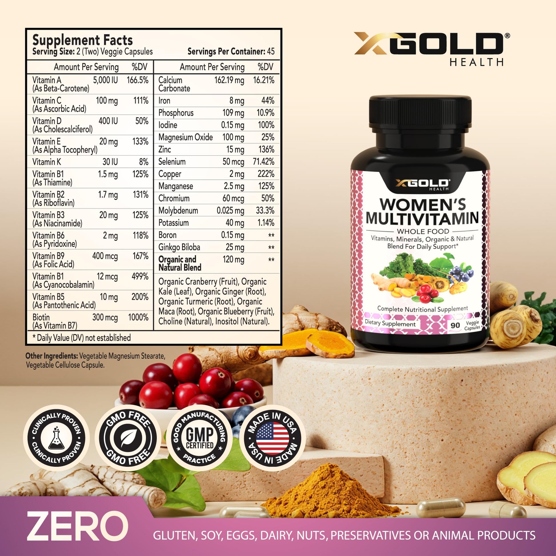 Vegan Women's Daily Multivitamin 50 Plus with Organic WholeFood Based Natural Ingredients, Ginger, Maca, Multi-Vitamin B Complex & More X Gold Health buy supplements canada