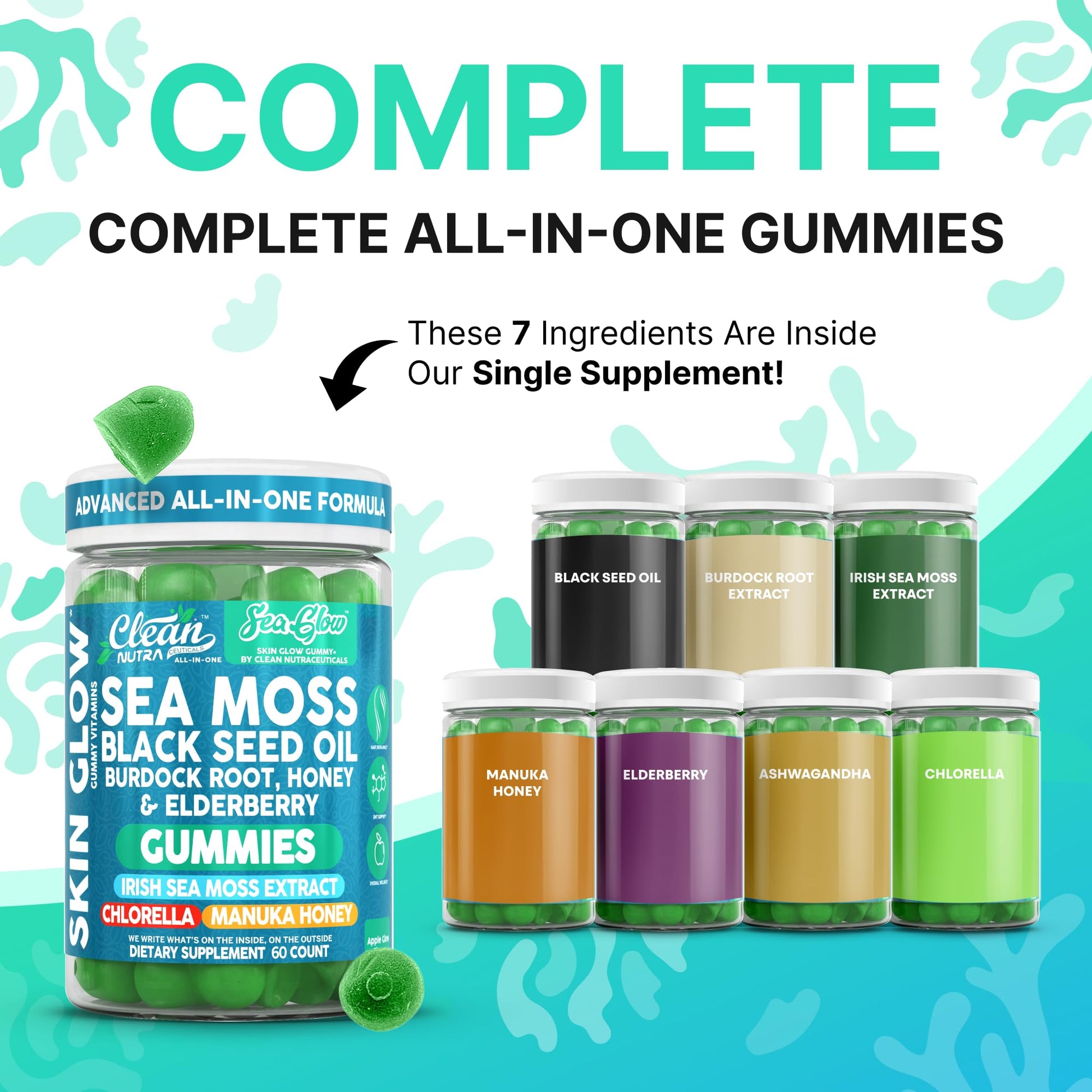 Clean Nutra Sea Moss Gummies Black Seed Oil Chlorella Ashwagandha Root Hair Growth Skin Glow Irish Sea Moss Elderberry Burdock Manuka Honey Trace Minerals Detox 60 Gummy Vitamins Sea Glow Supplement Clean Nutraceuticals buy supplements canada