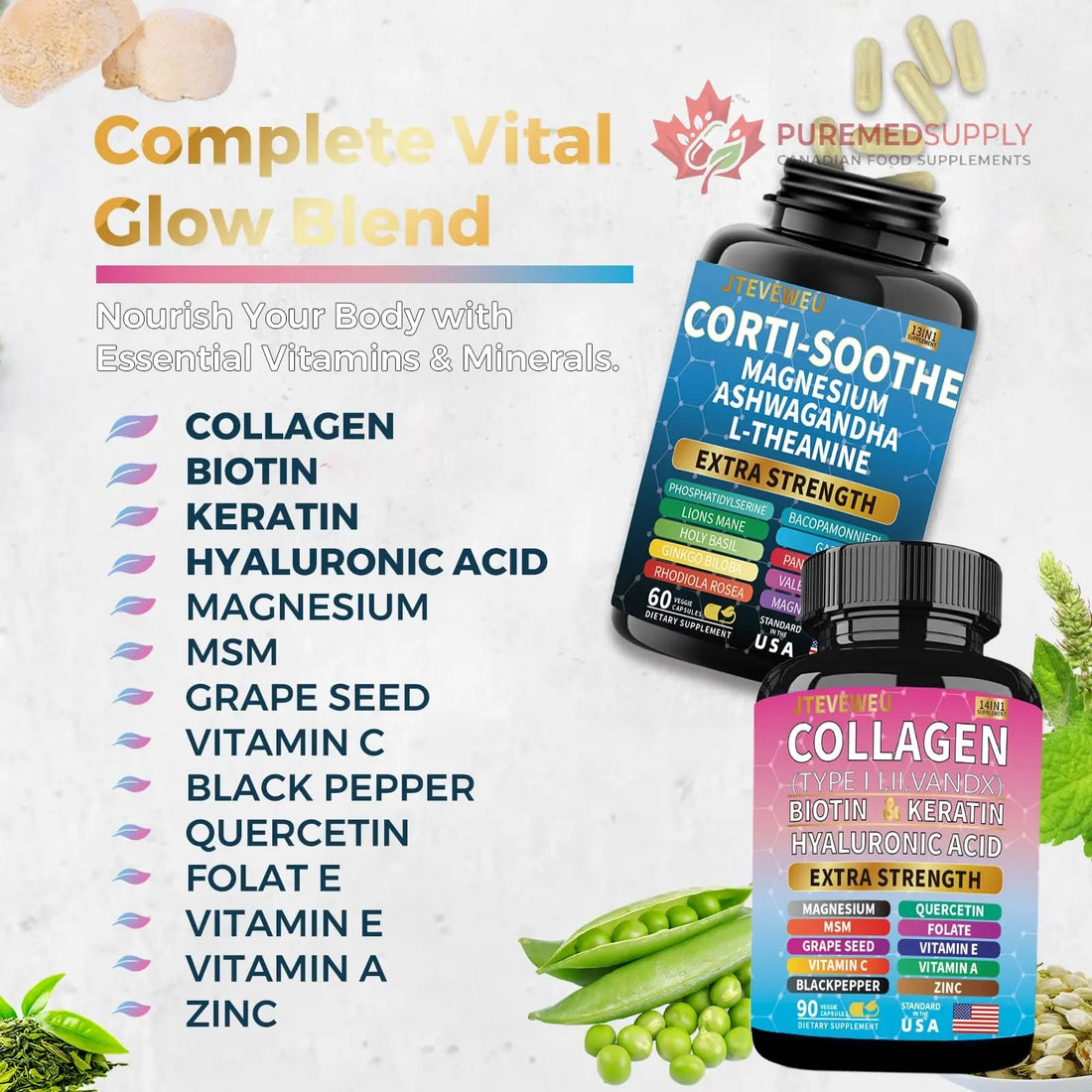 JTEVEweu Shining Serenity Set, Cortisol Support with Ashwagandha, L-Theanine, Magnesium, Lions Mane, GABA, Bacopa Monnieri, Collagen Biotin, Keratin, Hyaluronic Acid, Quercetin JTEVEweu buy supplements canada