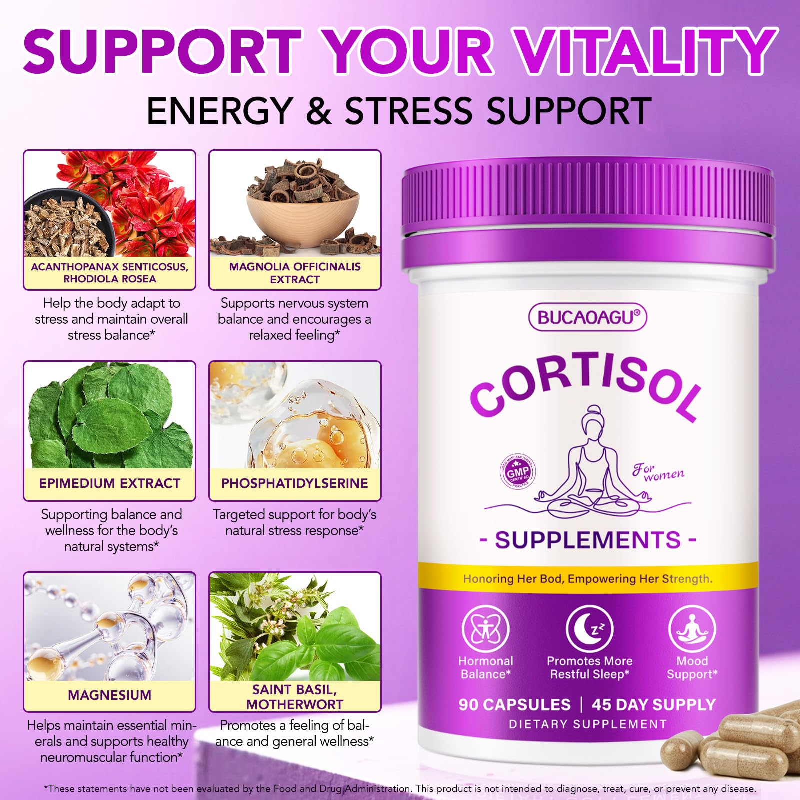 BUCAOAGU Cortisol Supplements for Women - Cortisol Reducer & Stress Support - Magnolia Bark, Rhodiola Rosea, Holy Basil, Magnesuim, Phosphatidylserine - Hormone Balance & Mood, Focus, Sleep Support BUCAOAGU buy supplements canada