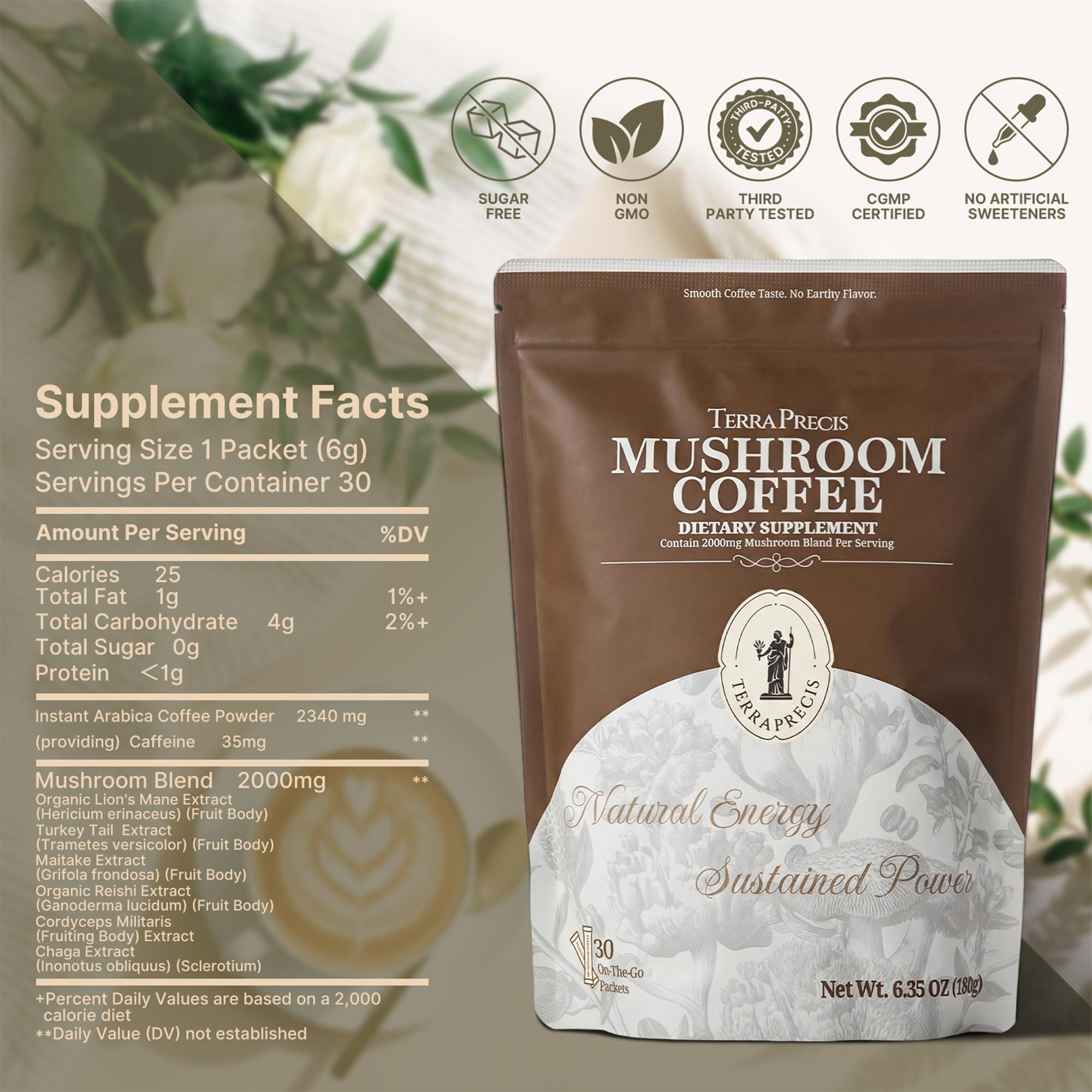 TerraPrecis Mushroom Coffee with 6 Adaptogens Mushrooms Supplement for Organic Lion's Mane&Reishi,Chaga&Other, Instant Coffee with MCT Oil& Arabica for Energy,Focus&Immune Support (30 Servings) TerraPrecis buy supplements canada