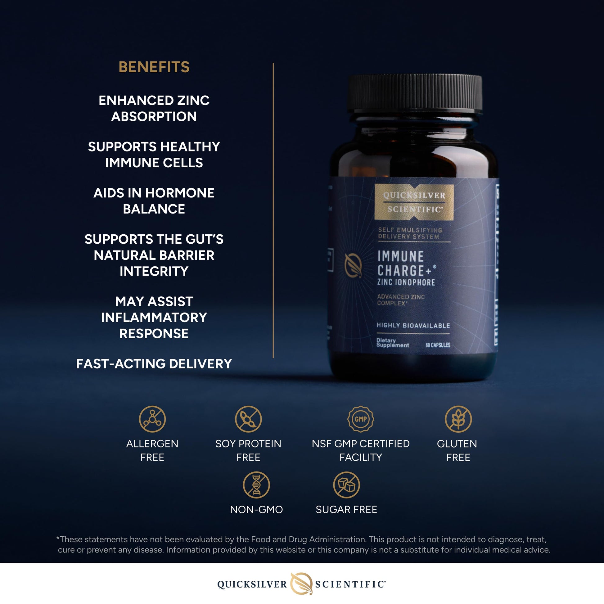 Quicksilver Scientific Immune Charge+ Zinc Ionophore - Zinc Supplement Complexed with Quercetin, Luteolin, Hesperetin Immune + GI Support (60 Capsules) Quicksilver Scientific buy supplements canada