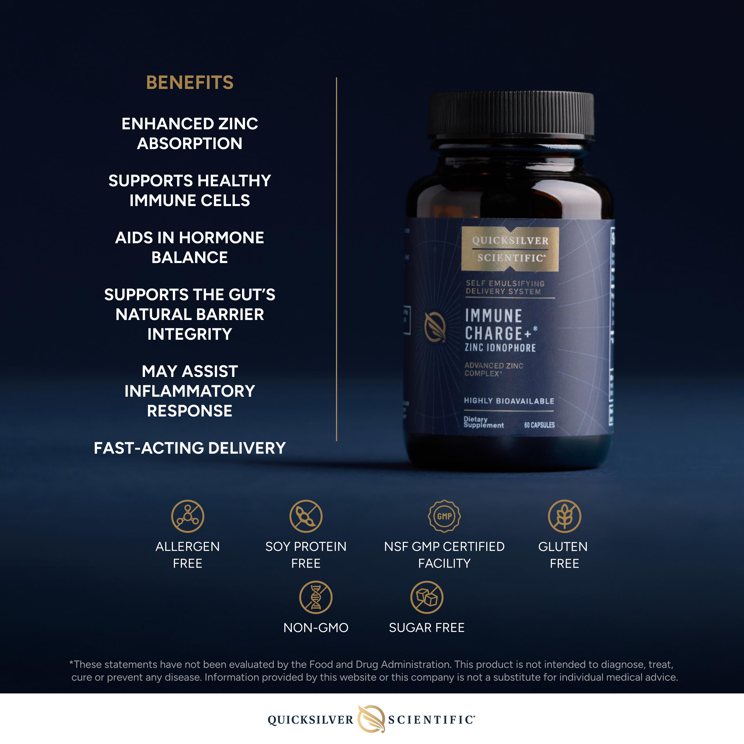 Quicksilver Scientific Immune Charge+ Zinc Ionophore - Zinc Supplement Complexed with Quercetin, Luteolin, Hesperetin Immune + GI Support (60 Capsules) Quicksilver Scientific buy supplements canada
