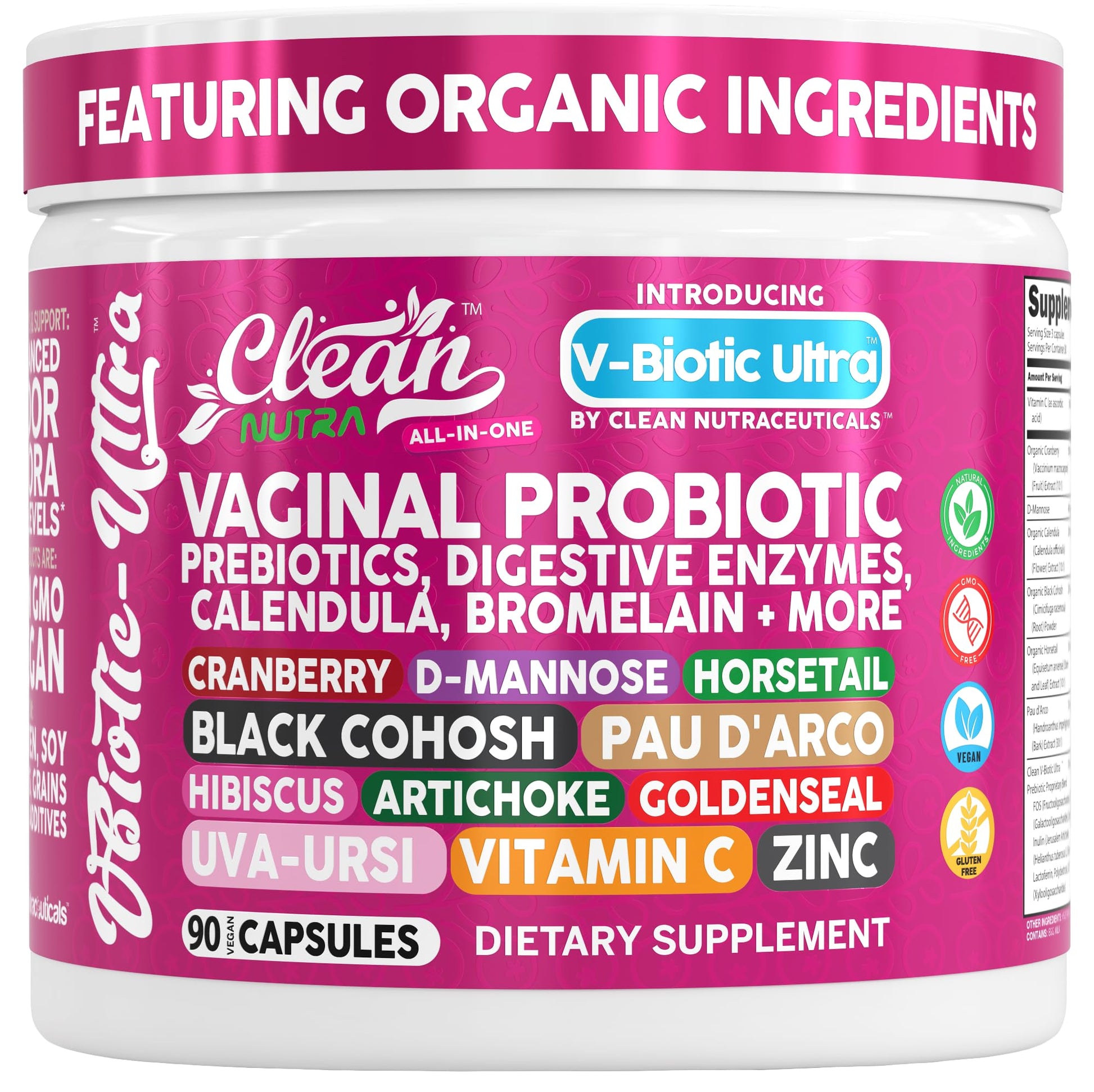 Clean Nutra Vaginal Probiotics for Women + Prebiotics Digestive Enzymes Bromelain Cranberry D Mannose Horsetail Black Cohosh Artichoke Hibiscus Flowers Probiotic for Digestive Health 90 Vegan Capsules Clean Nutraceuticals buy supplements canada