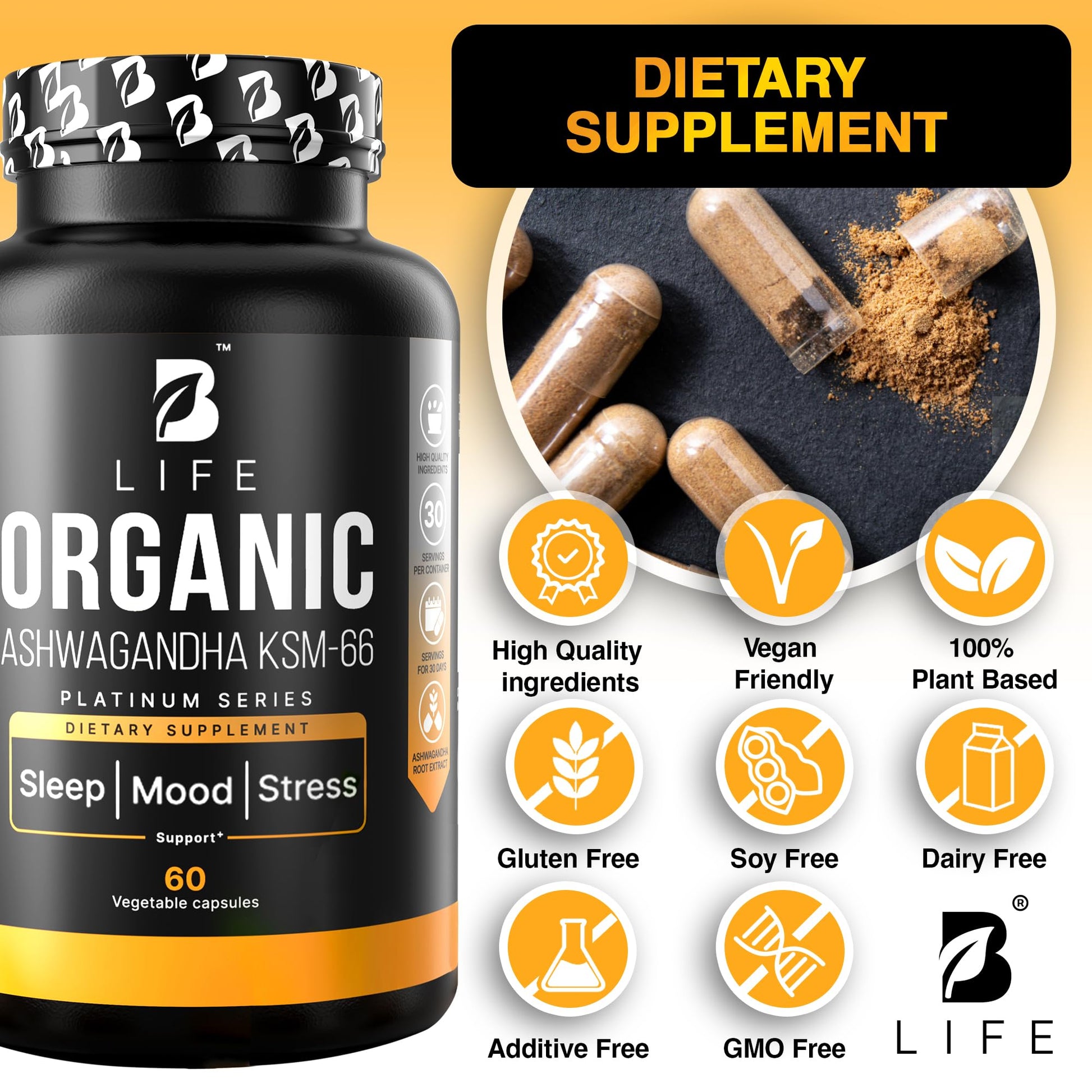 Organic Ashwagandha KSM-66 1000 mg Supplement | Adaptogen for Cortisol Support & Stress Relief | Mood, Calm & Sleep Aid for Men & Women | Ashwagandha ritual vitamins for women | 60 Vegan Caps B Life Company buy supplements canada