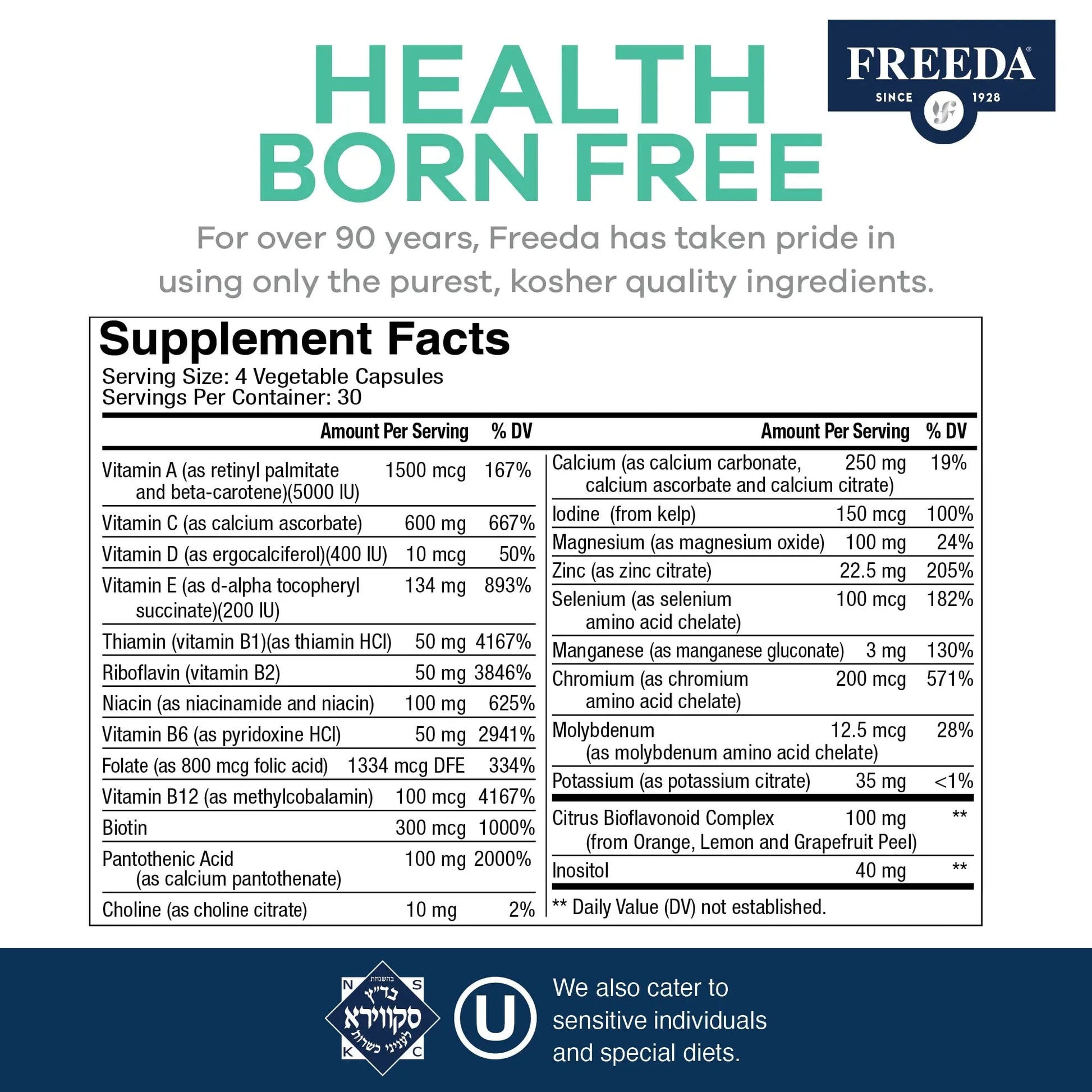 FREEDA Ultra Multivitamin Capsules – High-Potency Daily Supplement for Men & Women – Iron-Free – 120 Count – Kosher Certified FREEDA buy supplements canada