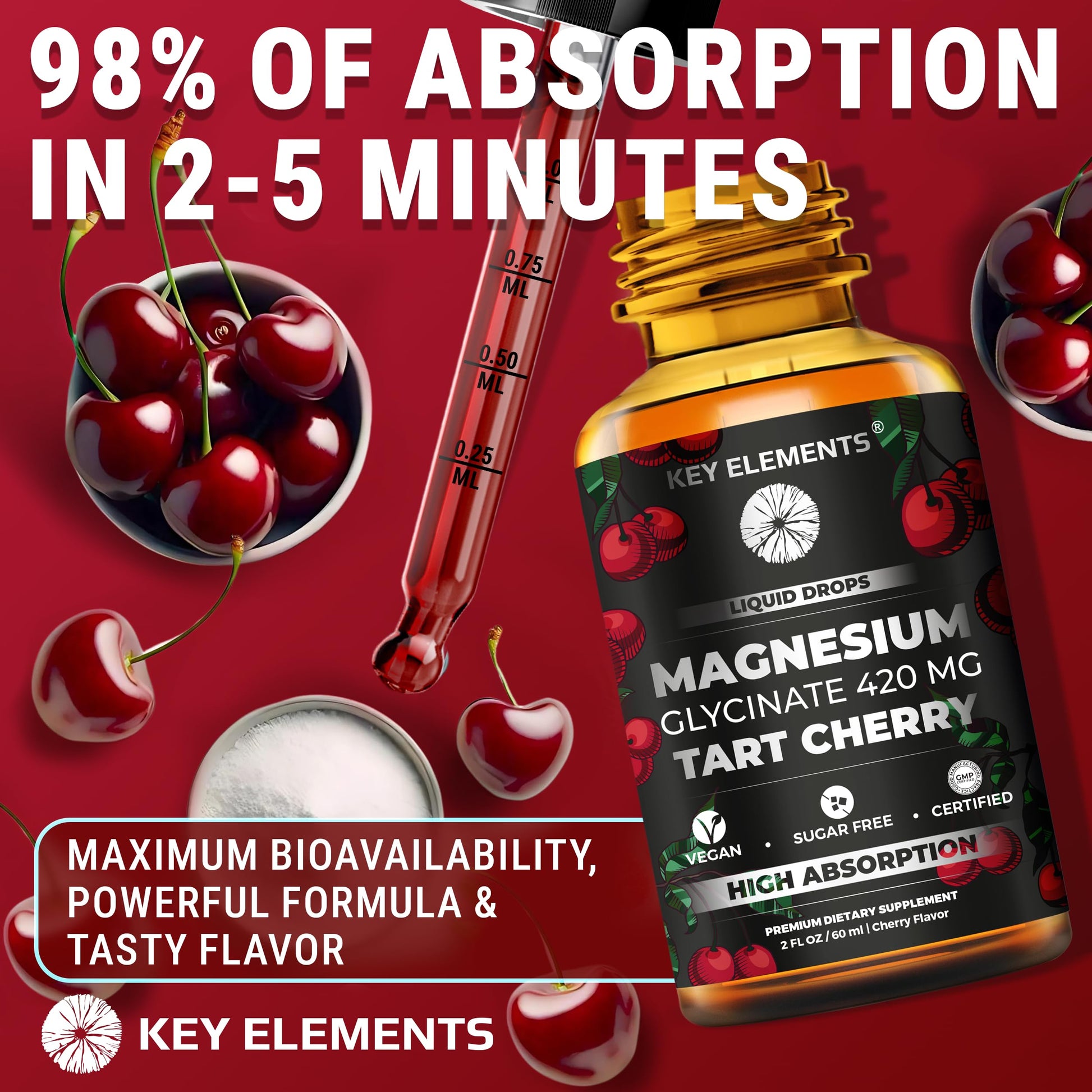 Liquid Magnesium Glycinate 420 Mg with Natural Tart Cherry Extract | Magnesium Glycinate Drops Supplement for Sleep, Mood & Mobility Support | Tart Cherry Extract KEY ELEMENTS buy supplements canada