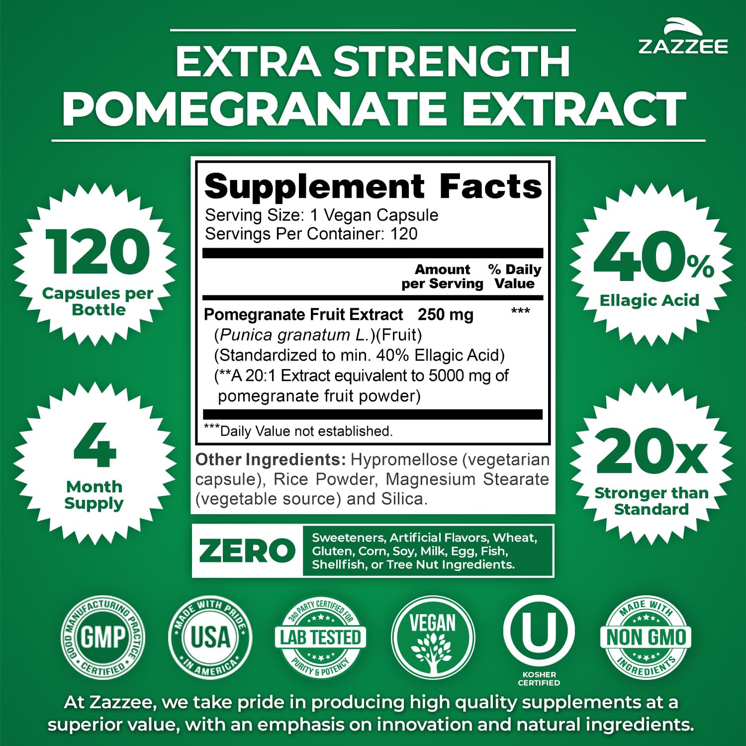 Zazzee Extra Strength Pomegranate 20:1 Extract, 40% Ellagic Acid, 120 Vegan Capsules, 4 Month Supply, Punica Granatum, Antioxidant & Cellular Health Support, Non-GMO, Made in the USA Zazzee buy supplements canada