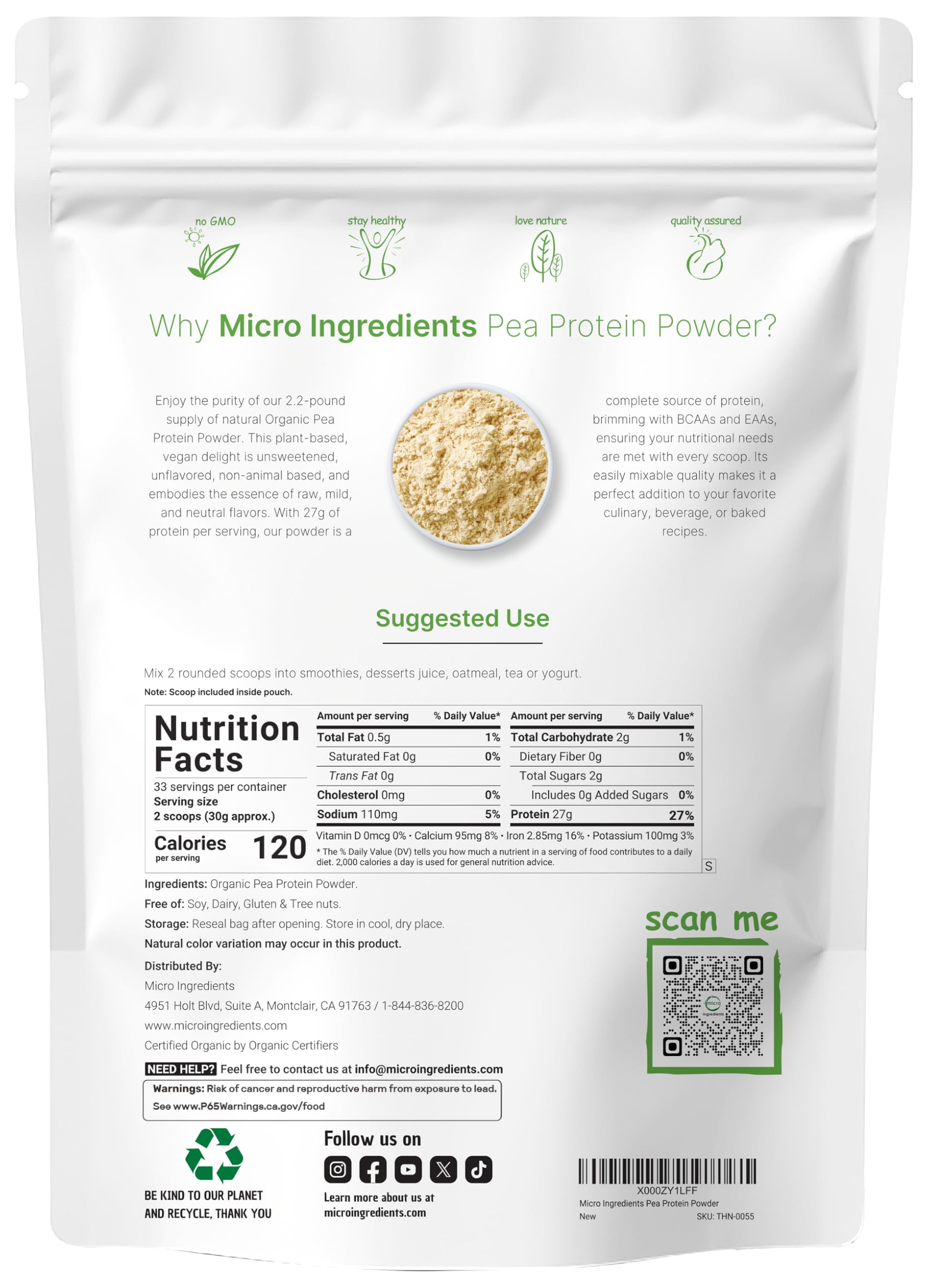 North America Grown, Organic Pea Protein Powder, 1KG (2.2 Pounds) | Plant-Based Vegan Protein, Meatless Protein Supplement, Natural Branched Chain Amino Acids | Non-GMO, Soy Free Micro Ingredients buy supplements canada