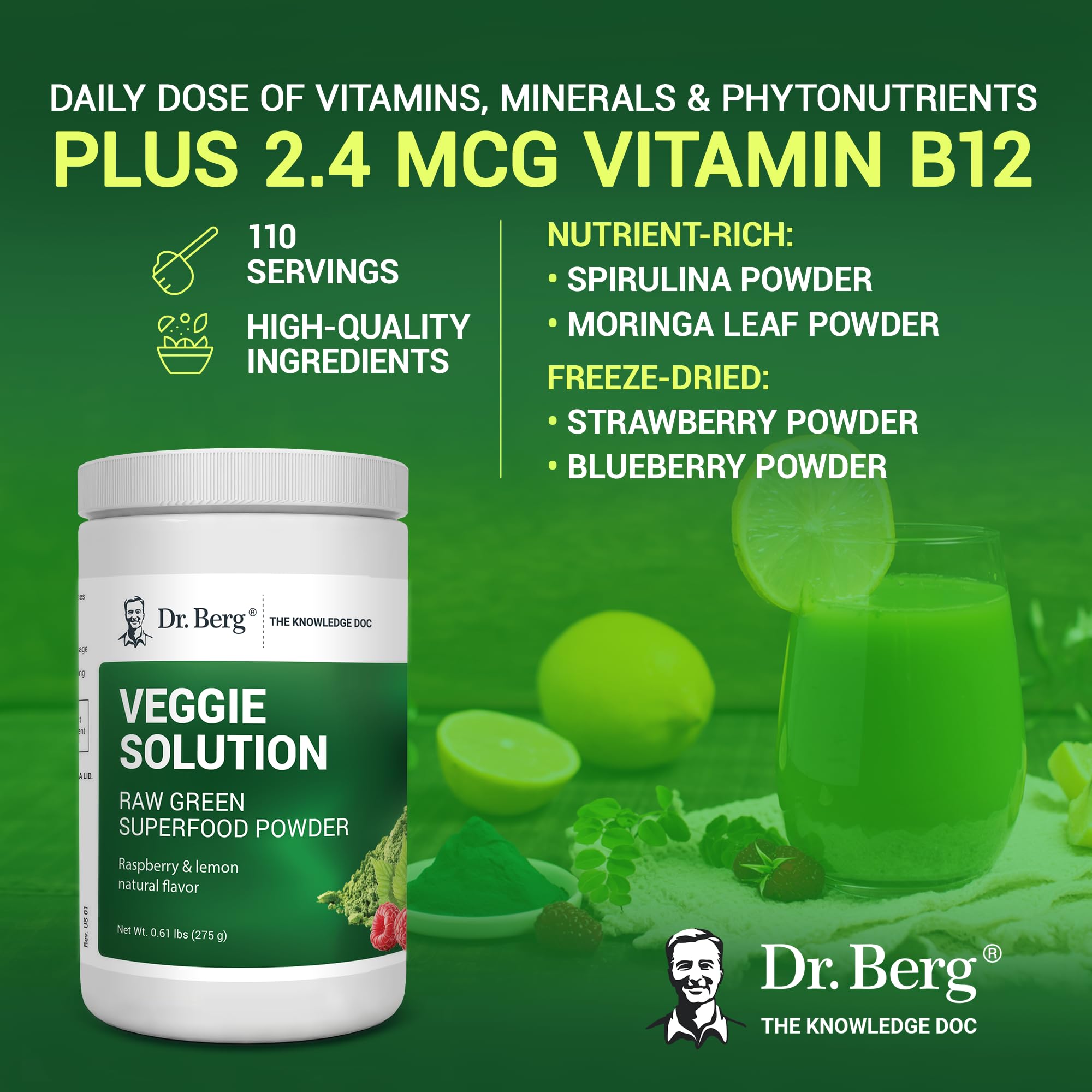 Dr. Berg's (Veggie Solution) Organic Super Greens Powder w/Spirulina - Raw Green Dr. Berg Nutritionals buy supplements canada