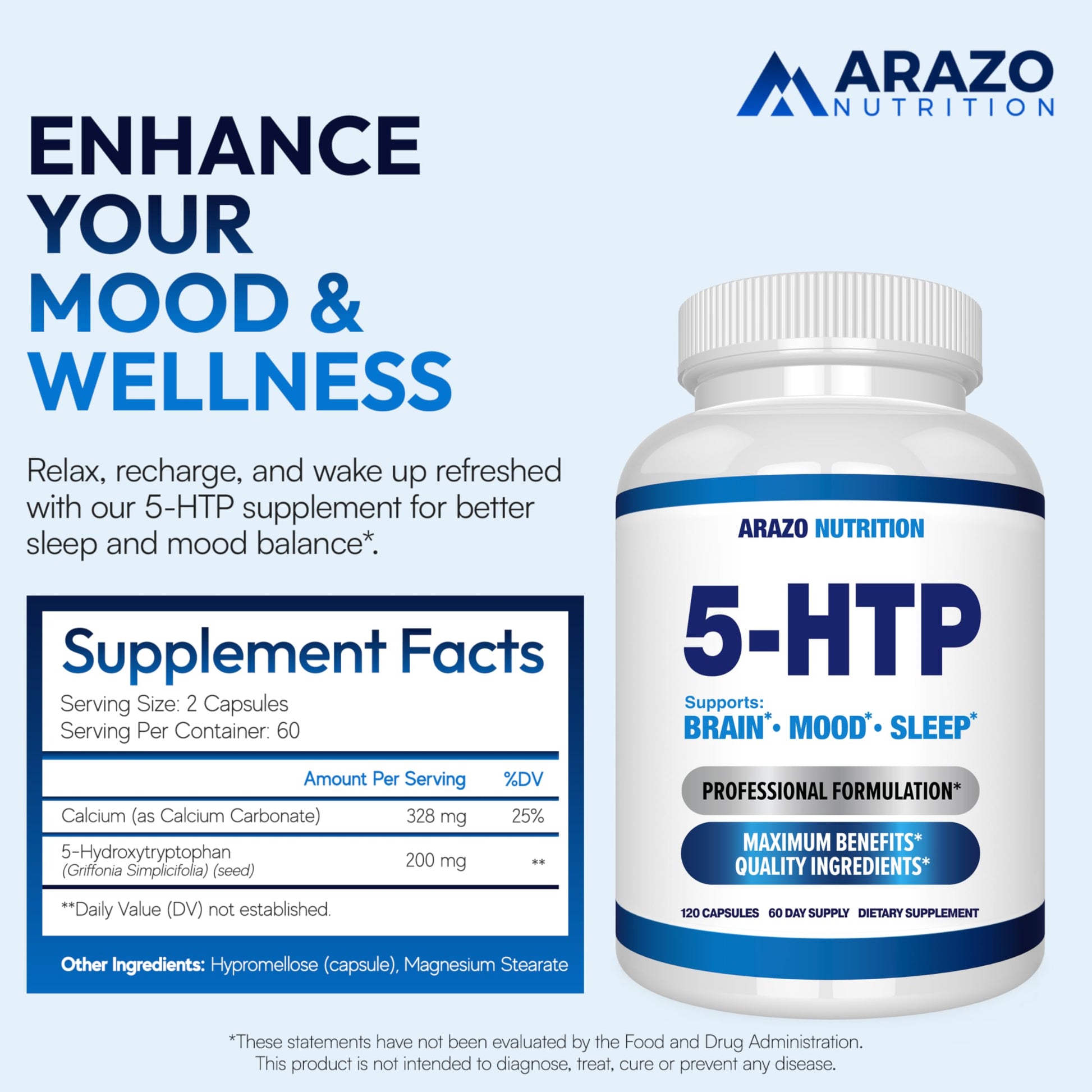 5-HTP 200 MG Per Serving Plus Calcium for Mood, Sleep – Supports Calm and Relaxed Mood – 99% High Purity – 120 Capsules – Arazo Nutrition Arazo Nutrition buy supplements canada