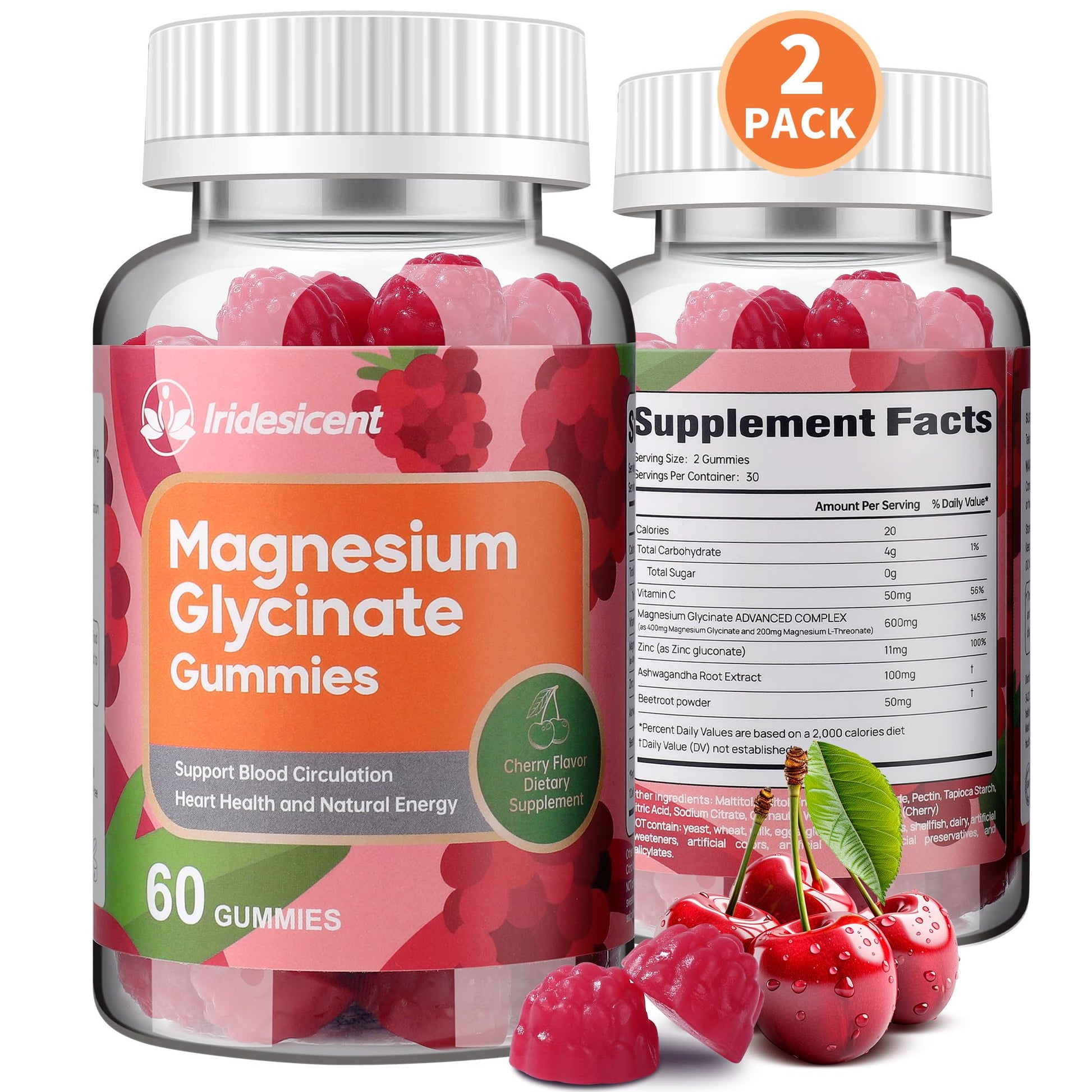 IRIDESICENT Magnesium Glycinate Gummies 400mg, Sugar Free Magnesium Supplement w/Ashwagandha, Zinc, Vegan Magnesium Glycinate Supplement for Adults - 120 Cherry Gummies IRIDESICENT buy supplements canada