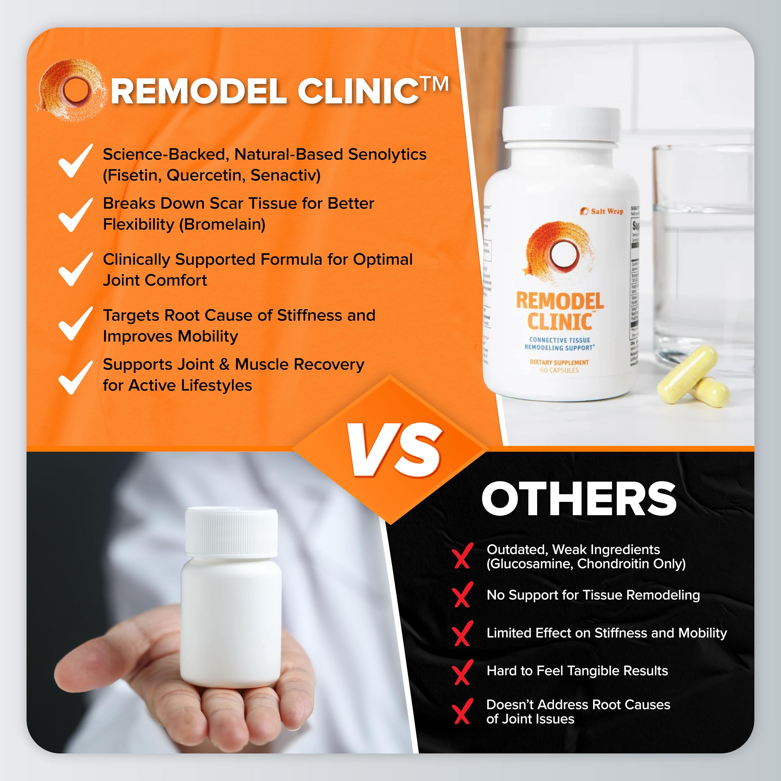 SaltWrap Remodel Clinic - Joint Remodeling Supplement for Senescent Cell Removal and Scar Tissue - Improve Mobility, Reduce Connective Tissue Stiffness - Fisetin, Quercetin, Bromelain - 60 Capsules SaltWrap buy supplements canada