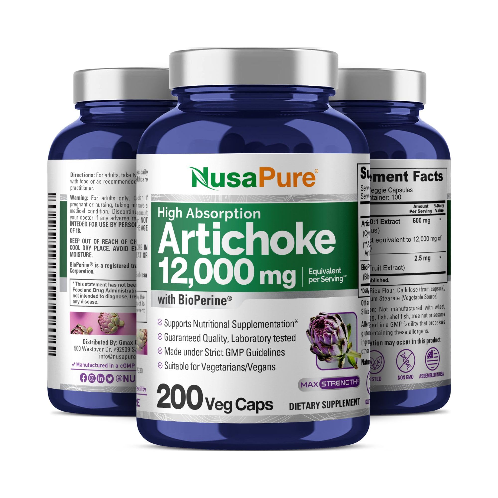 NusaPure Artichoke 20:1 Extract, 600 mg Equivalent to 12,000mg 200 Veggie caps (Non-GMO, Gluten Free) NusaPure buy supplements canada