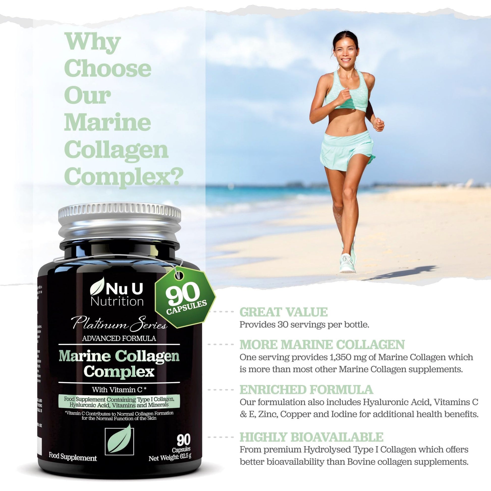 Marine Collagen with Hyaluronic Acid, Vitamin C - 90 Hydrolysed Capsules (not Tablets) - Premium High Strength Collagen Nu U Nutrition buy supplements canada