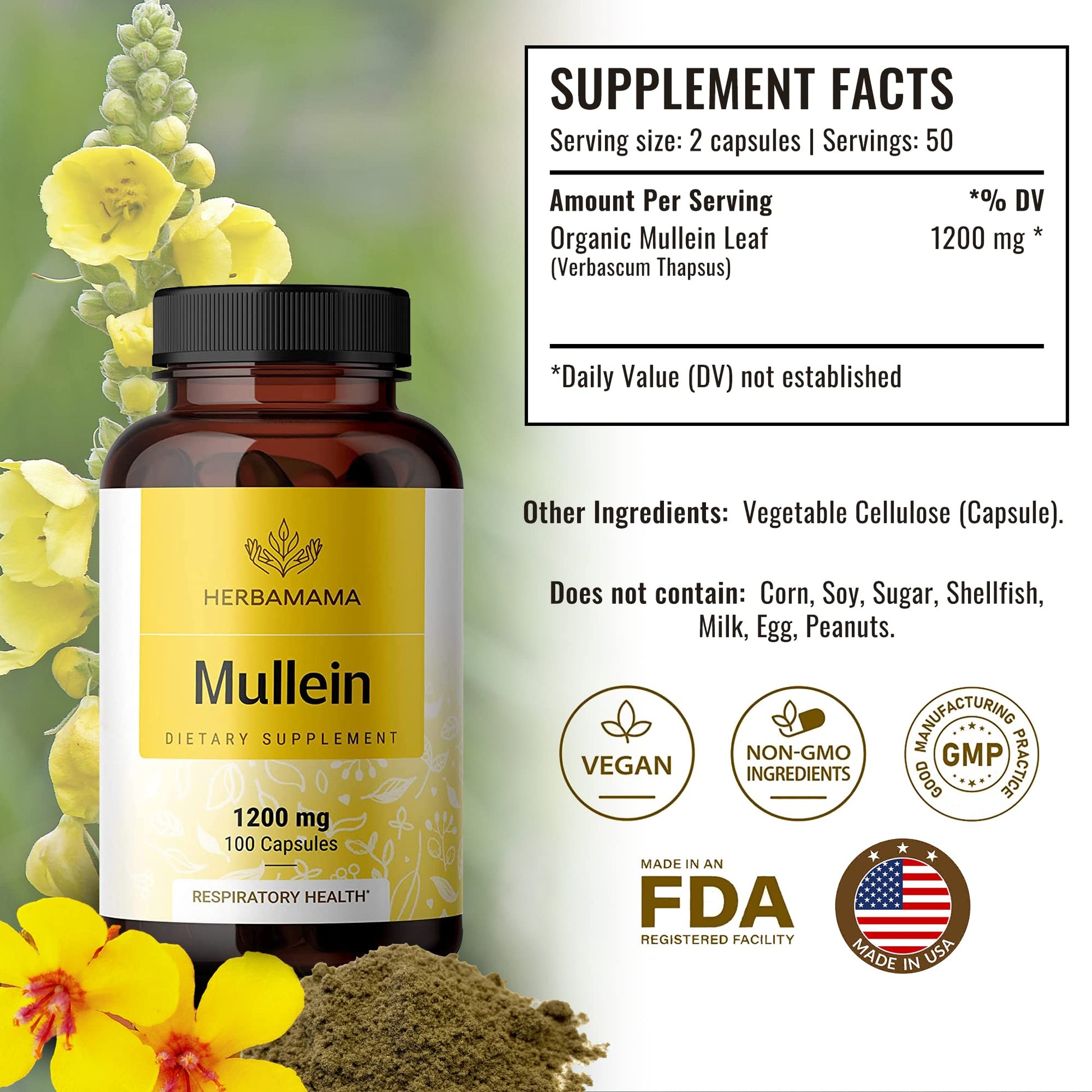 HERBAMAMA Mullein Leaf Capsules Respiratory Health - Organic Mullein Leaf Extract HERBAMAMA buy supplements canada