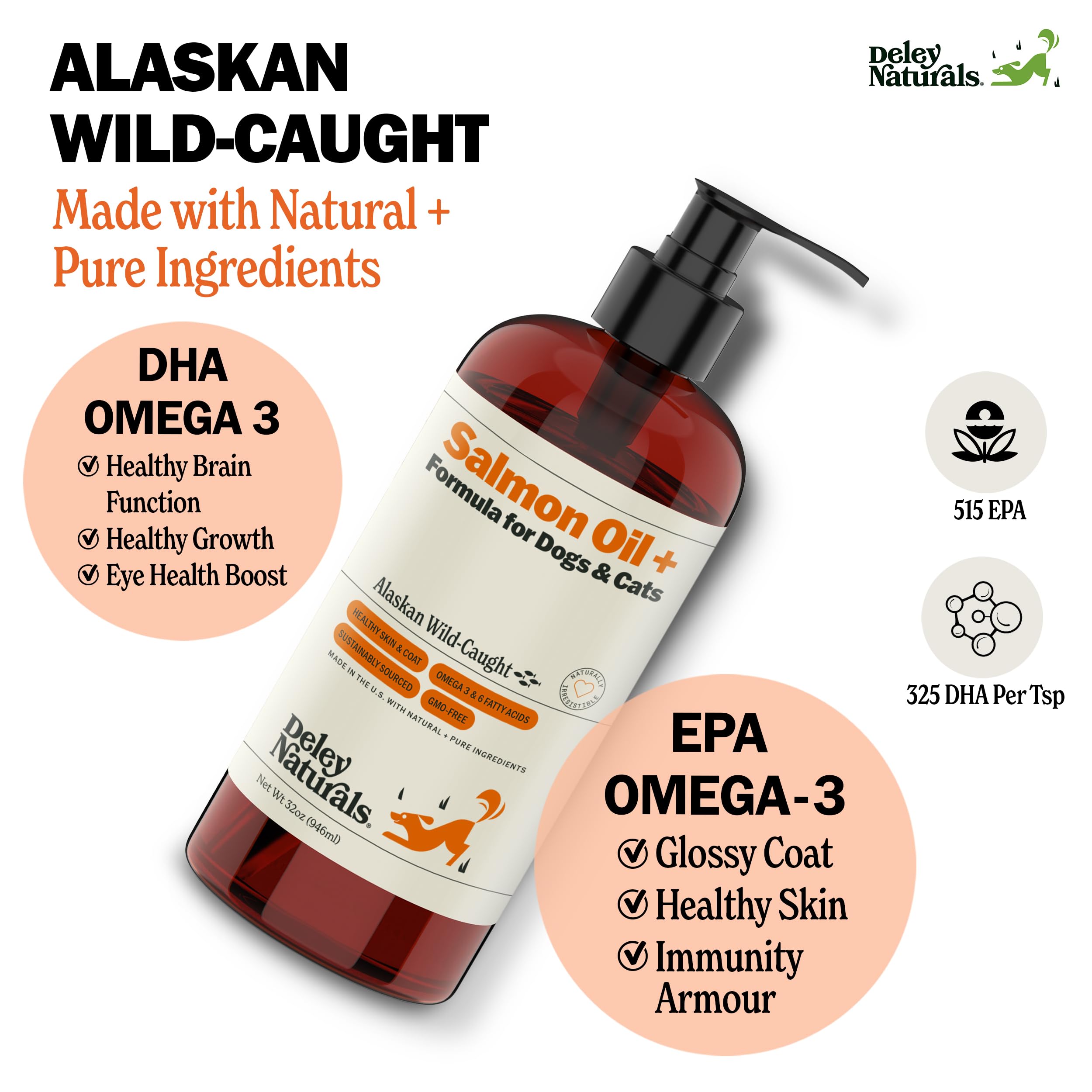 Deley Naturals Wild Alaskan Salmon Oil for Dogs & Cats - New and Improved Salmon Oil Plus Formula - Fish Oil for Dogs with Omega 3, DHA and EPA - Omega 3 for Healthy Skin and Coat - 32oz Made in USA Deley Naturals buy supplements canada