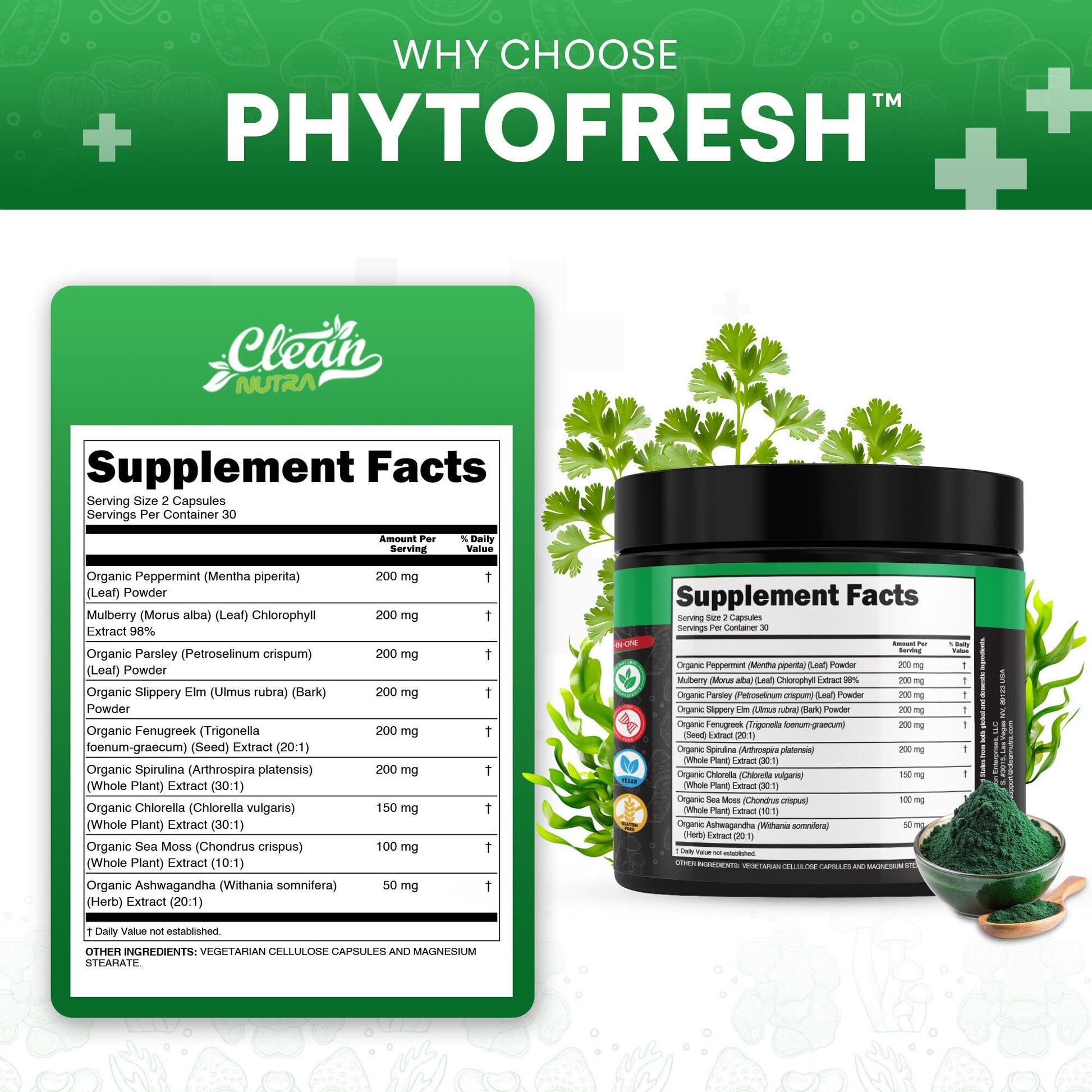 Clean Nutra Chlorophyll Capsules Supplement Internal Deodorant Peppermint, Sea Moss, Parsley, Chlorella, Spirulina, Slippery Elm, Ashwagandha, PhytoFresh Greens Detox Pills Clean Nutraceuticals buy supplements canada