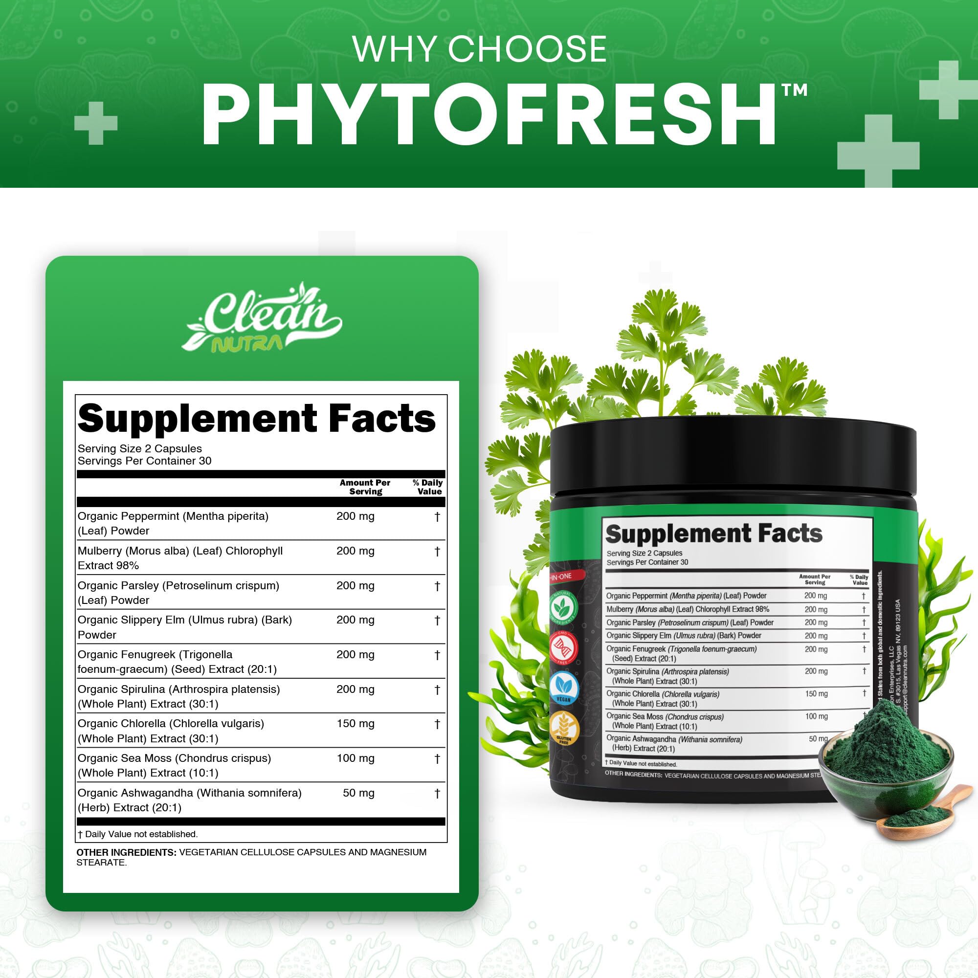 Clean Nutra Chlorophyll Capsules Supplement Internal Deodorant Peppermint, Sea Moss, Parsley, Chlorella, Spirulina, Slippery Elm, Ashwagandha, PhytoFresh Greens Detox Pills Clean Nutraceuticals buy supplements canada