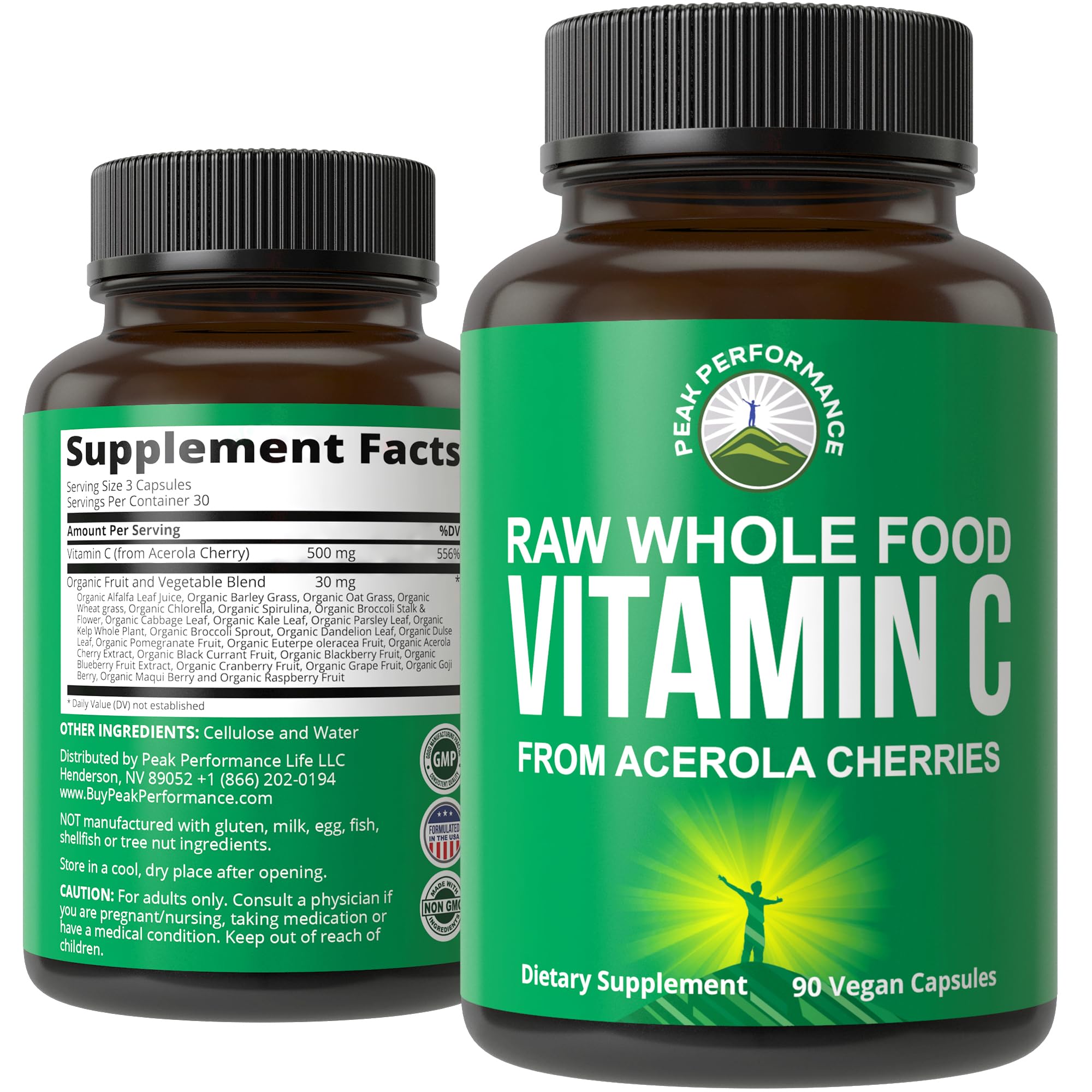 Peak Performance Raw Whole Food Natural Vitamin C Capsules from Acerola Cherry for Max Absorption. Vegan USA Sourced Vitamin C Supplement 90 Pills. 500 mg Serving or 2 Servings 1000mg Peak Performance buy supplements canada