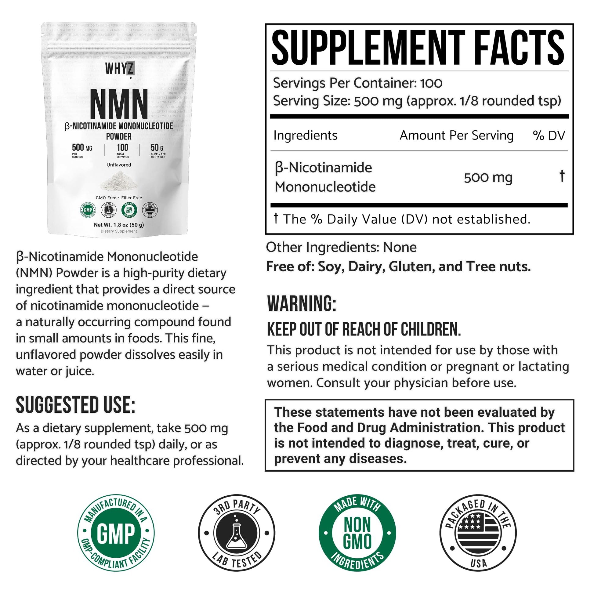 Pure NMN Powder Nicotinamide Mononucleotide Quick Dissolved NMN Supplement Powder 100% Unflavored NMN Supplement Supports NAD+ Levels Vegan Friendly Non-GMO, 50g WHYZ buy supplements canada