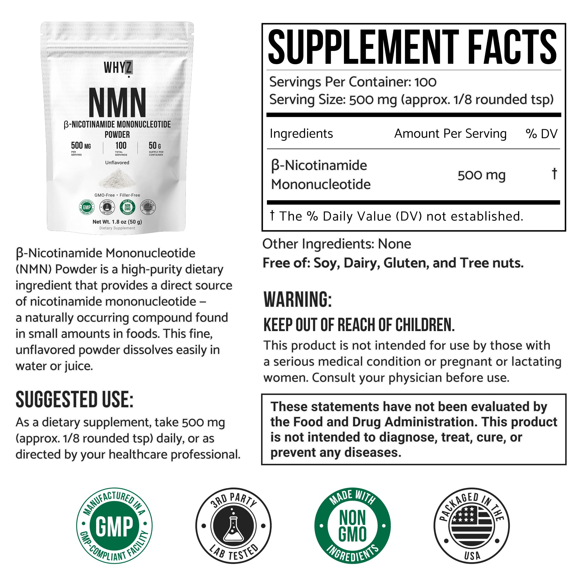 Pure NMN Powder Nicotinamide Mononucleotide Quick Dissolved NMN Supplement Powder 100% Unflavored NMN Supplement Supports NAD+ Levels Vegan Friendly Non-GMO, 50g WHYZ buy supplements canada
