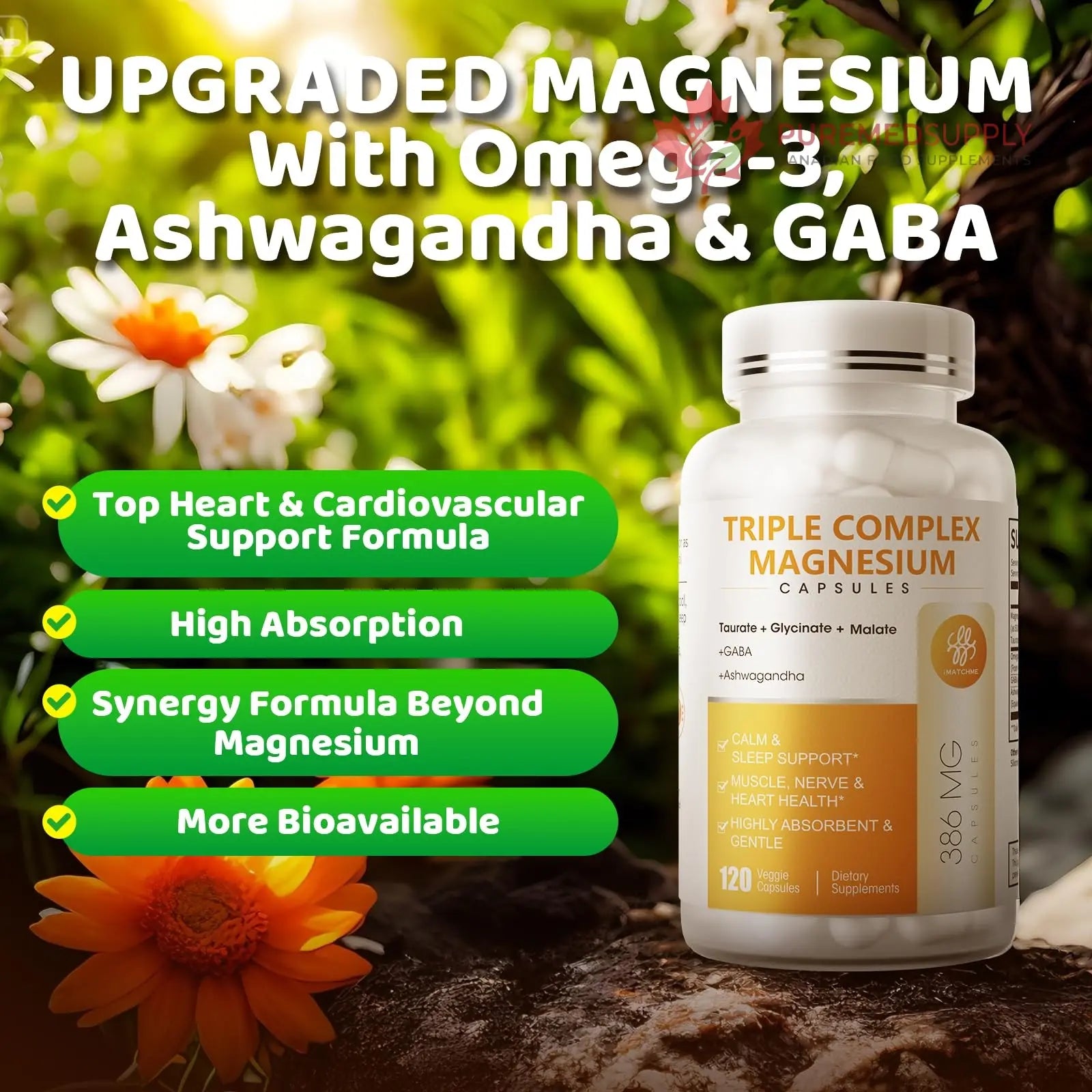 Triple Magnesium Complex - Magnesium Glycinate, Taurate & Malate Supplement with Omega3, Ashwagandha, GABA for Sleep, Brain Heart & Muscle Support - High Absorption and Gentle, Vegan, 120 Capsules iMATCHME buy supplements canada