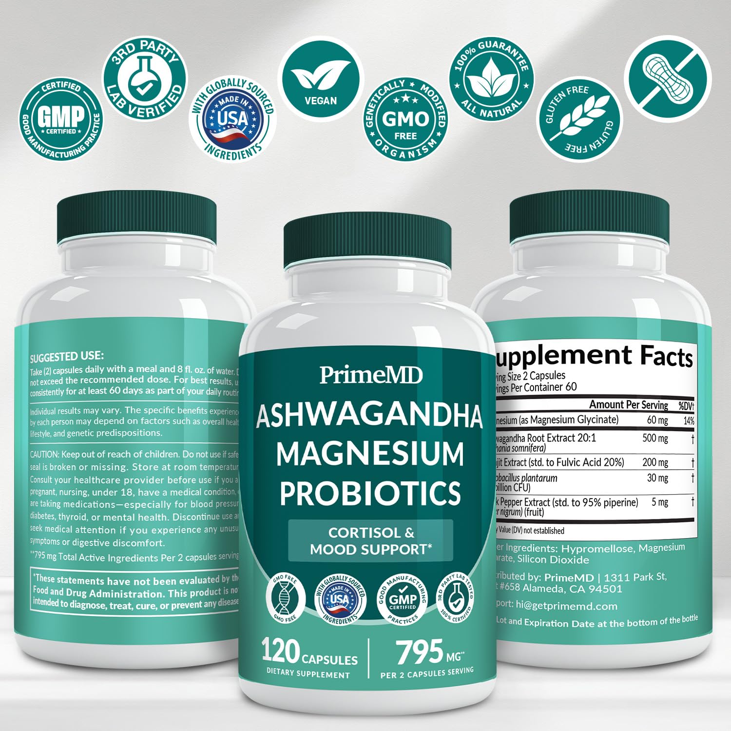 5-in-1 Cortisol Supplement for Women and Men with Ashwagandha for Calmness, Focus, and Adrenal Support Supplements with Shilajit Extract, Magnesium Glycinate, Probiotics (120 ct) (Pack of 1) PrimeMD buy supplements canada