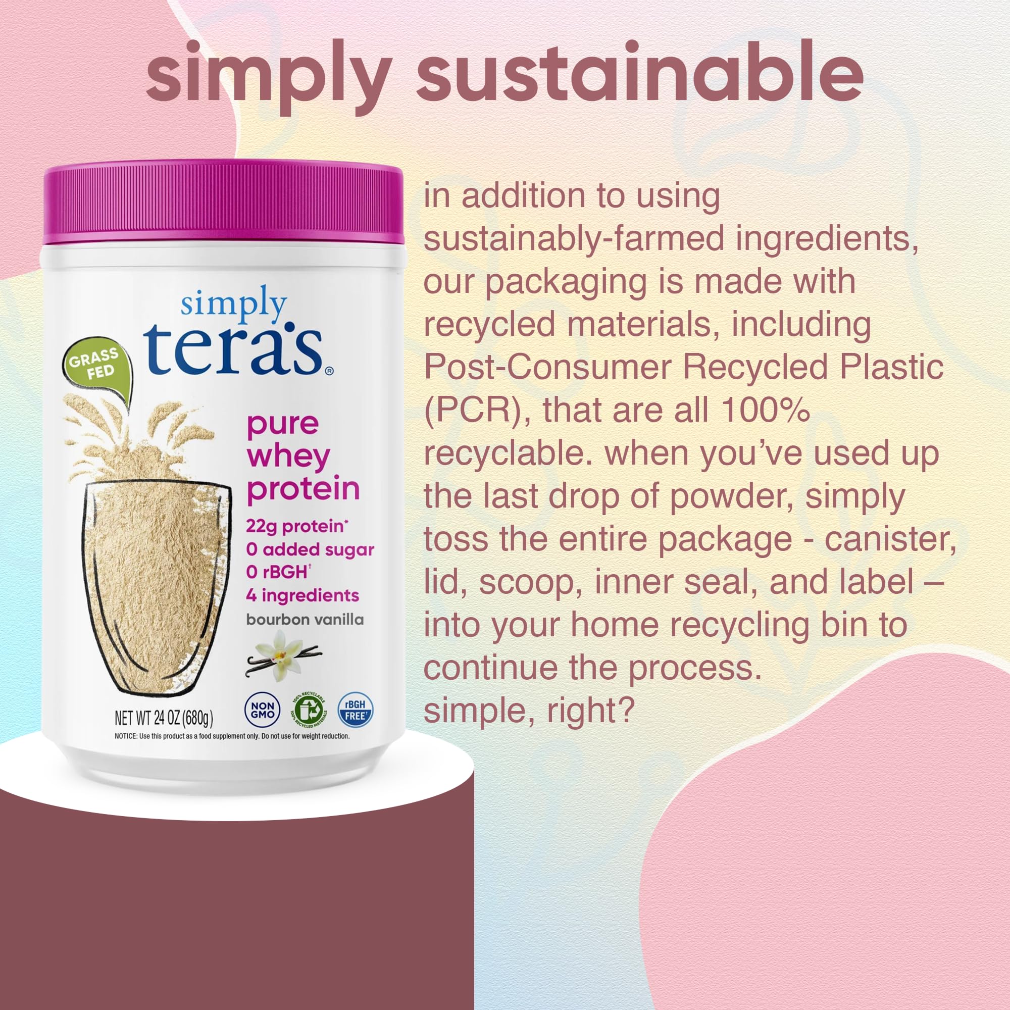 simply tera's Pure Whey Protein Powder - Grass Fed Vanilla Whey Protein Powder, Clean, Made Without Artificial Sweeteners, Non-GMO, Kosher, rBGH-Free, Soy-Free - 24 Oz simply tera's buy supplements canada