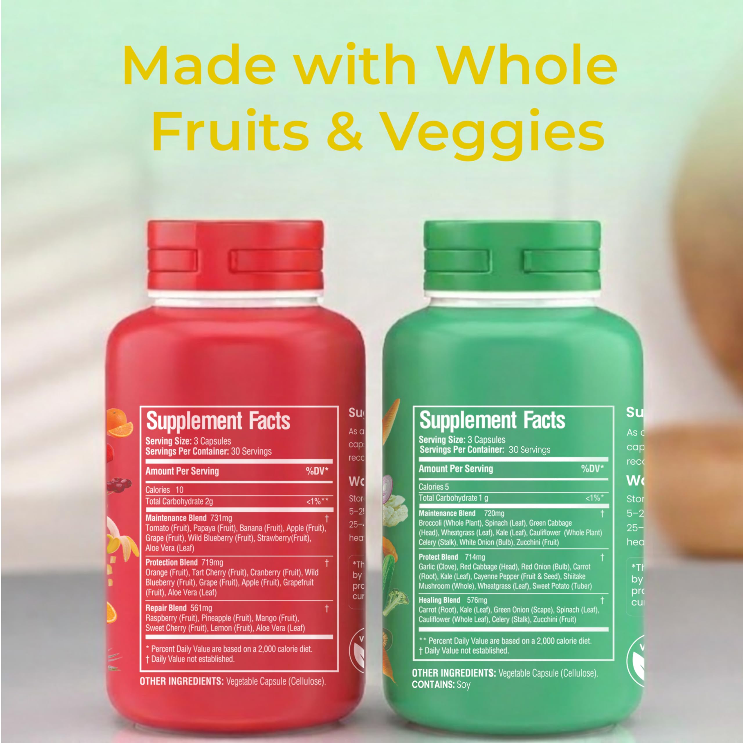 Fruits and Veggies Whole Produce Dietary Supplement with Superfood Fruits and Vegetables for Men, Women and Kids, 90 Fruit Capsules, 90 Veggie Capsules - 1 Set NATURAL GREENS buy supplements canada