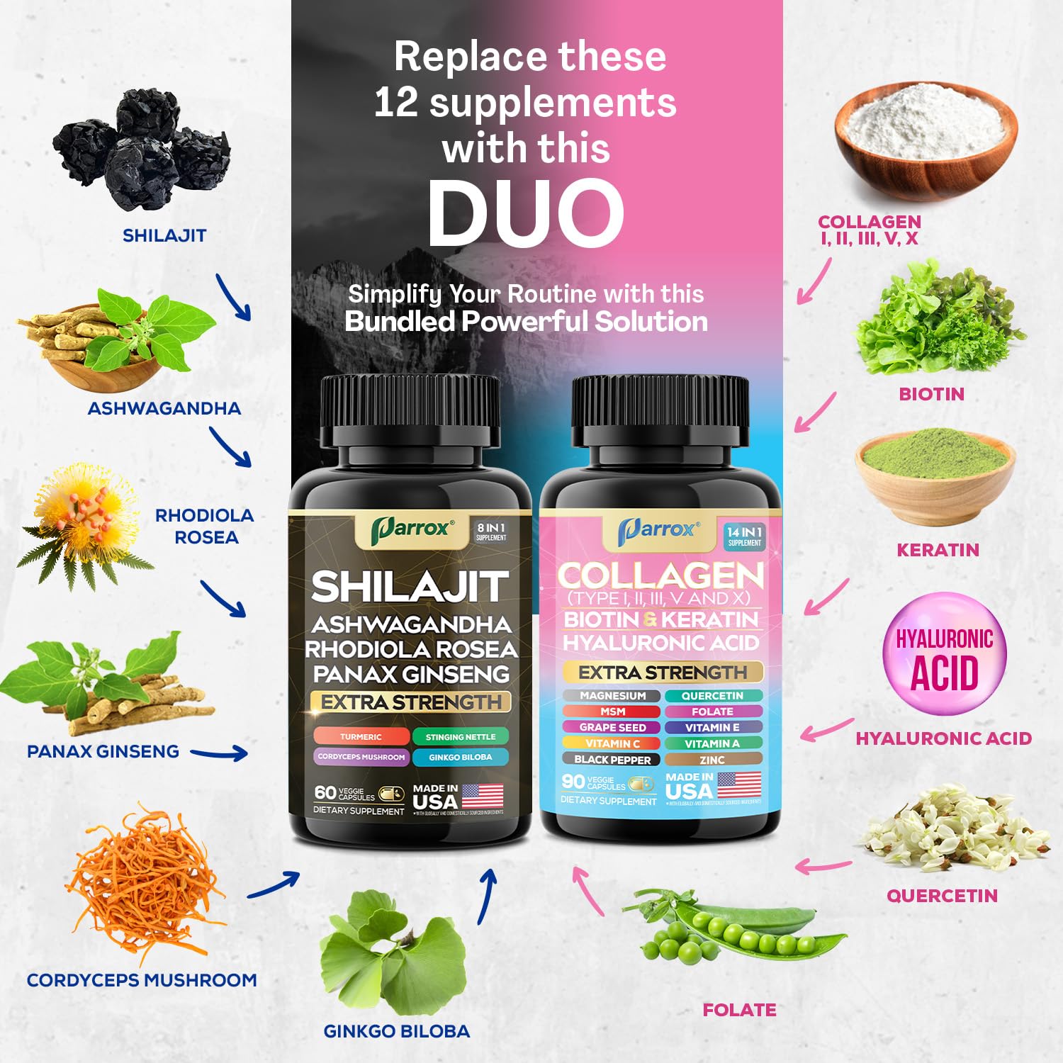 Parrox Adaptogen & Beauty Bundle – Rhodiola, Panax Ginseng, Ashwagandha, Cordyceps, Turmeric, Collagen, Biotin, Keratin, MSM, Hyaluronic Acid, Zinc, Quercetin, Vitamin C, A & E, Folate, Magnesium Parrox buy supplements canada