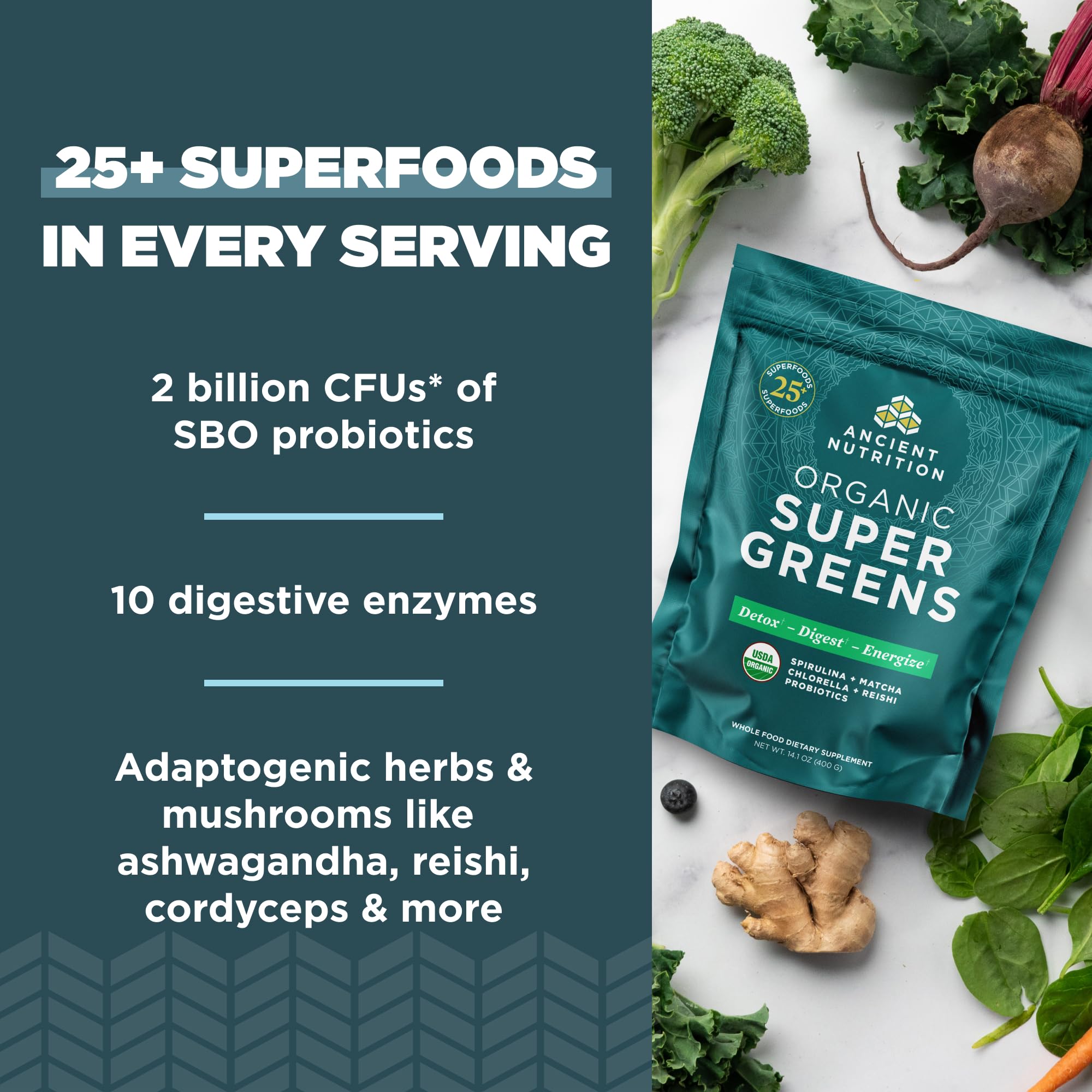 Ancient Nutrition Super Greens Powder, Organic Superfood Powder with Probiotics Made with Spirulina, Chlorella, Matcha, and Digestive Enzymes, 50 Servings, 14.1 oz Ancient Nutrition buy supplements canada