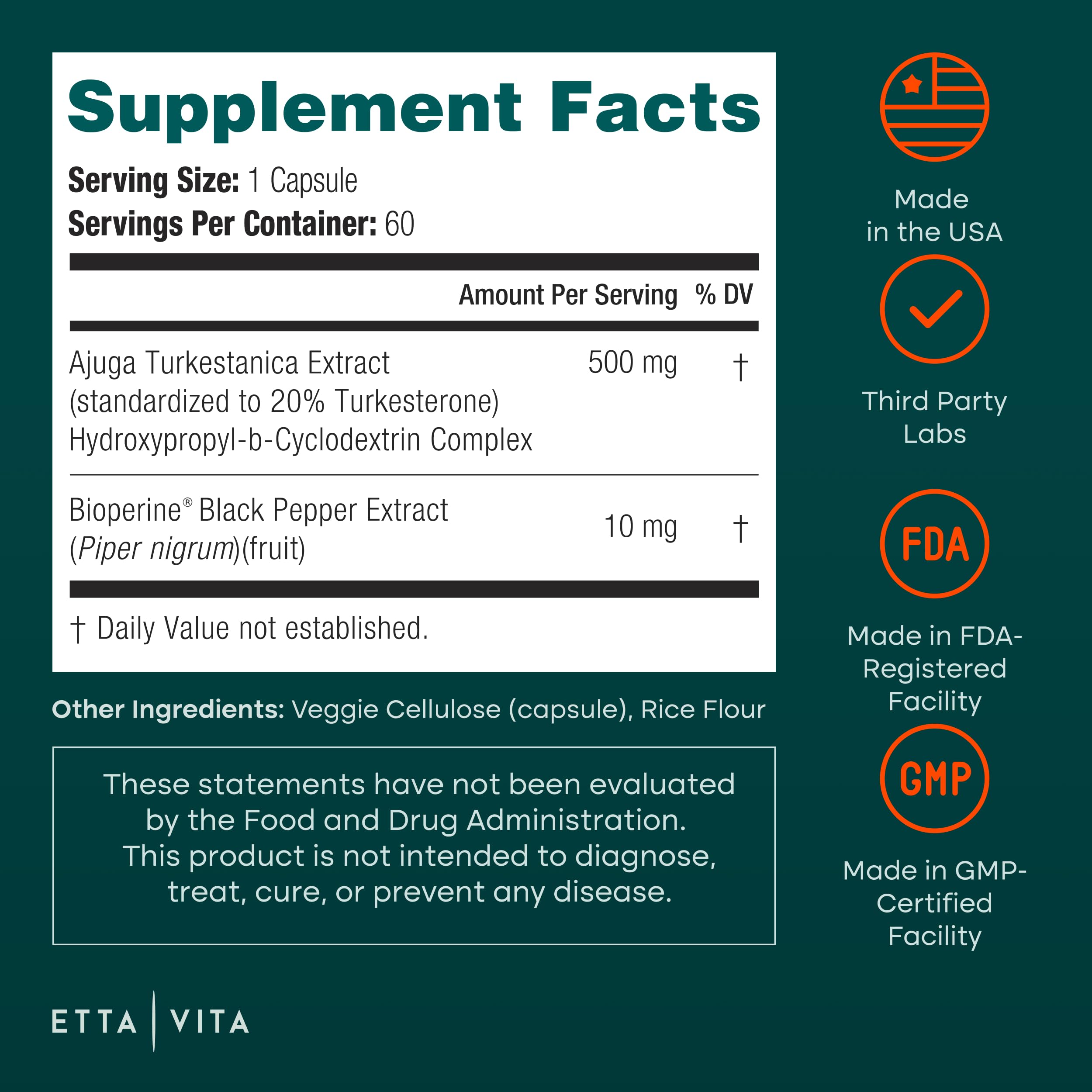 Potent Turkesterone Supplement, 2X Pure (Made in USA - 3rd Party Tested) Most Bioavailable and Natural Test Support Supplement, Supports Energy Lean Muscle Health, Recovery and Stamina, Vegan (60ct) Etta Vita buy supplements canada
