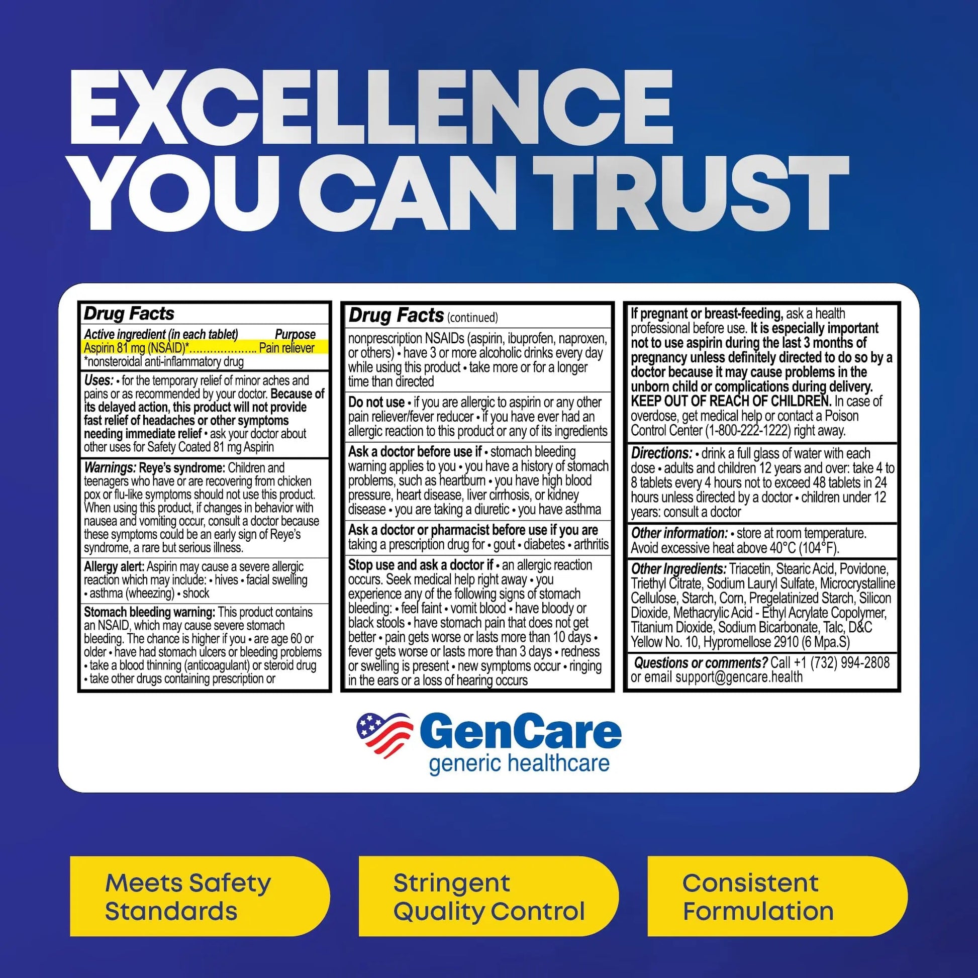 GenCare - Low Dose Aspirin 81mg for Adults Coated (NSAID) 500 Tablets | Adult Low Dose | Enteric Coated Aspirin Pills | Muscle Pain & Menstrual Pain Relief | Fever Reducer | Generic Bayer GenCare buy supplements canada