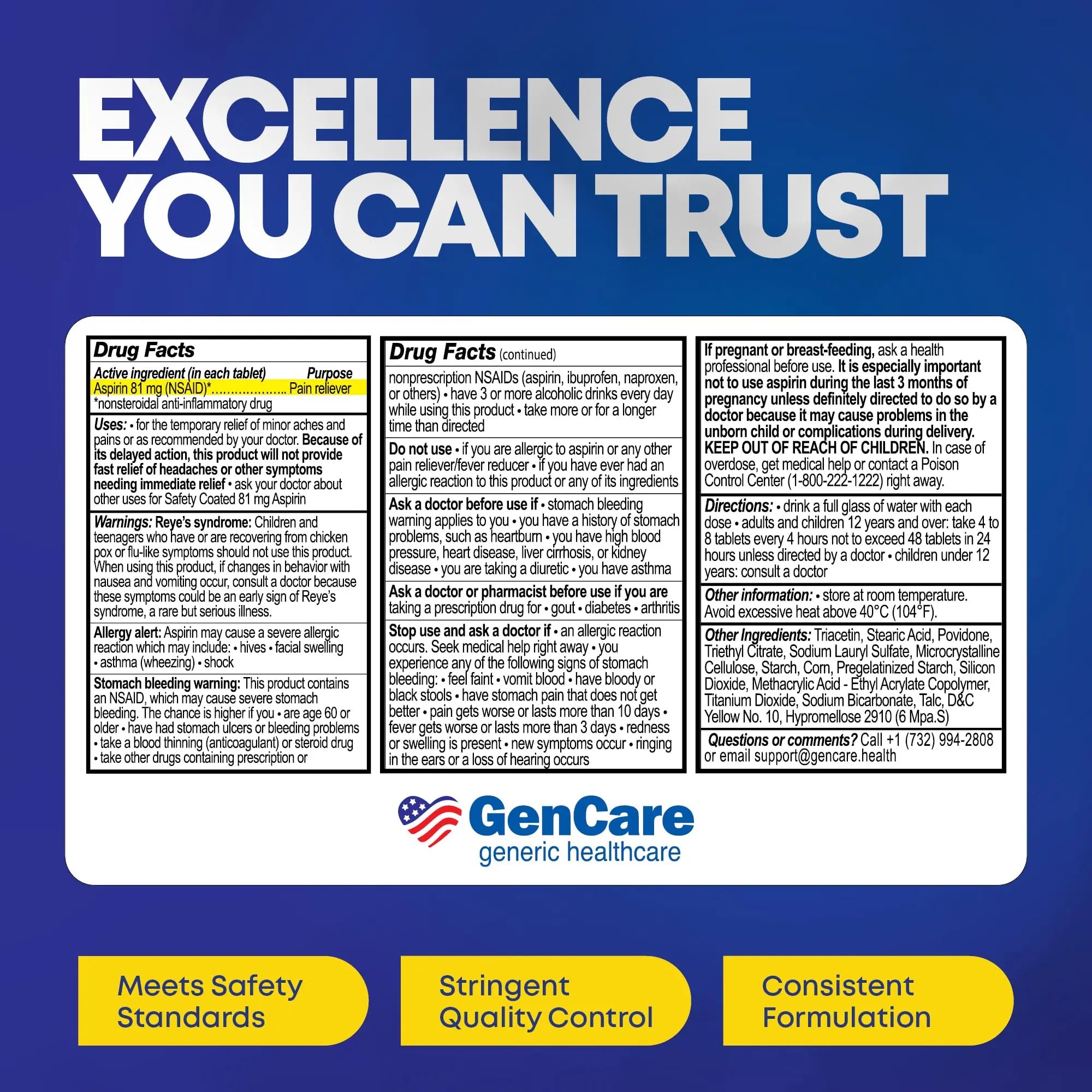 GenCare - Low Dose Aspirin 81mg for Adults Coated (NSAID) 500 Tablets | Adult Low Dose | Enteric Coated Aspirin Pills | Muscle Pain & Menstrual Pain Relief | Fever Reducer | Generic Bayer GenCare buy supplements canada
