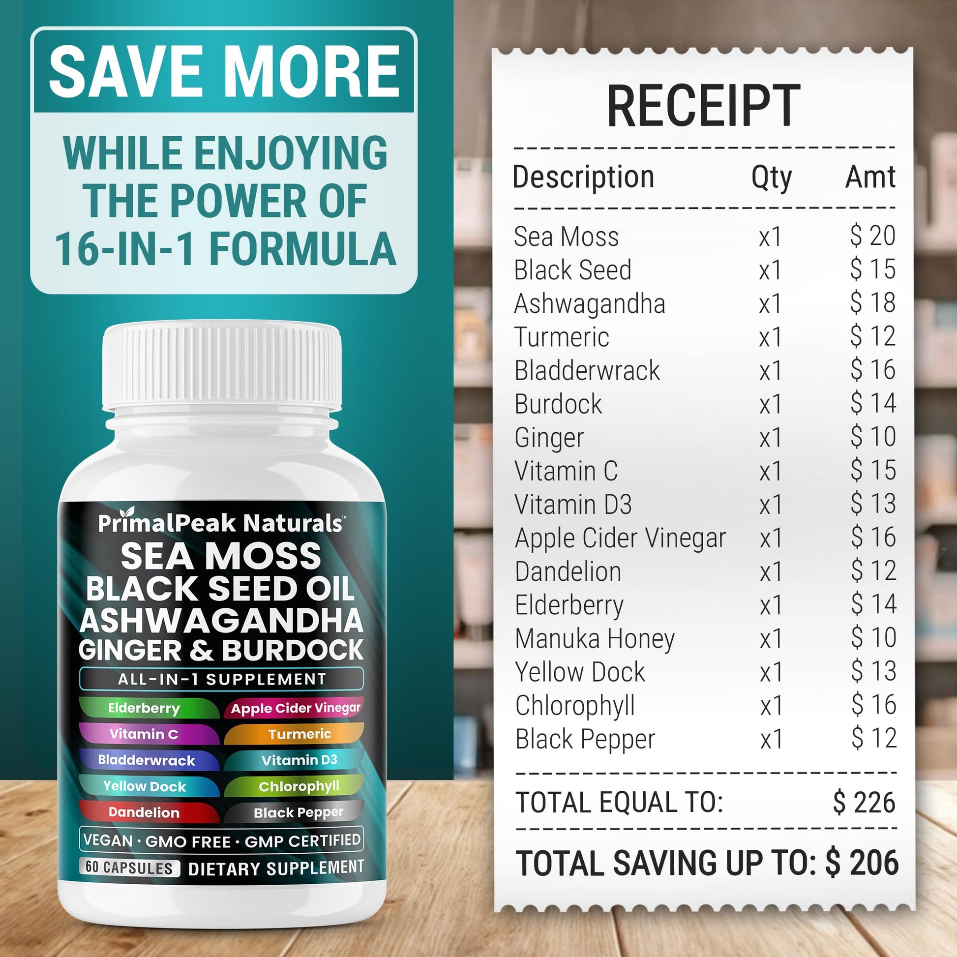 PrimalPeak Naturals Sea Moss Black Seed Oil Ashwagandha Ginger Burdock Bladderwrack Turmeric & Vitamin C Vitamin D3 with ACV Elderberry Chlorophyll Dandelion Yellow Dock Vegan Capsules - 60 Count PrimalPeak Naturals buy supplements canada
