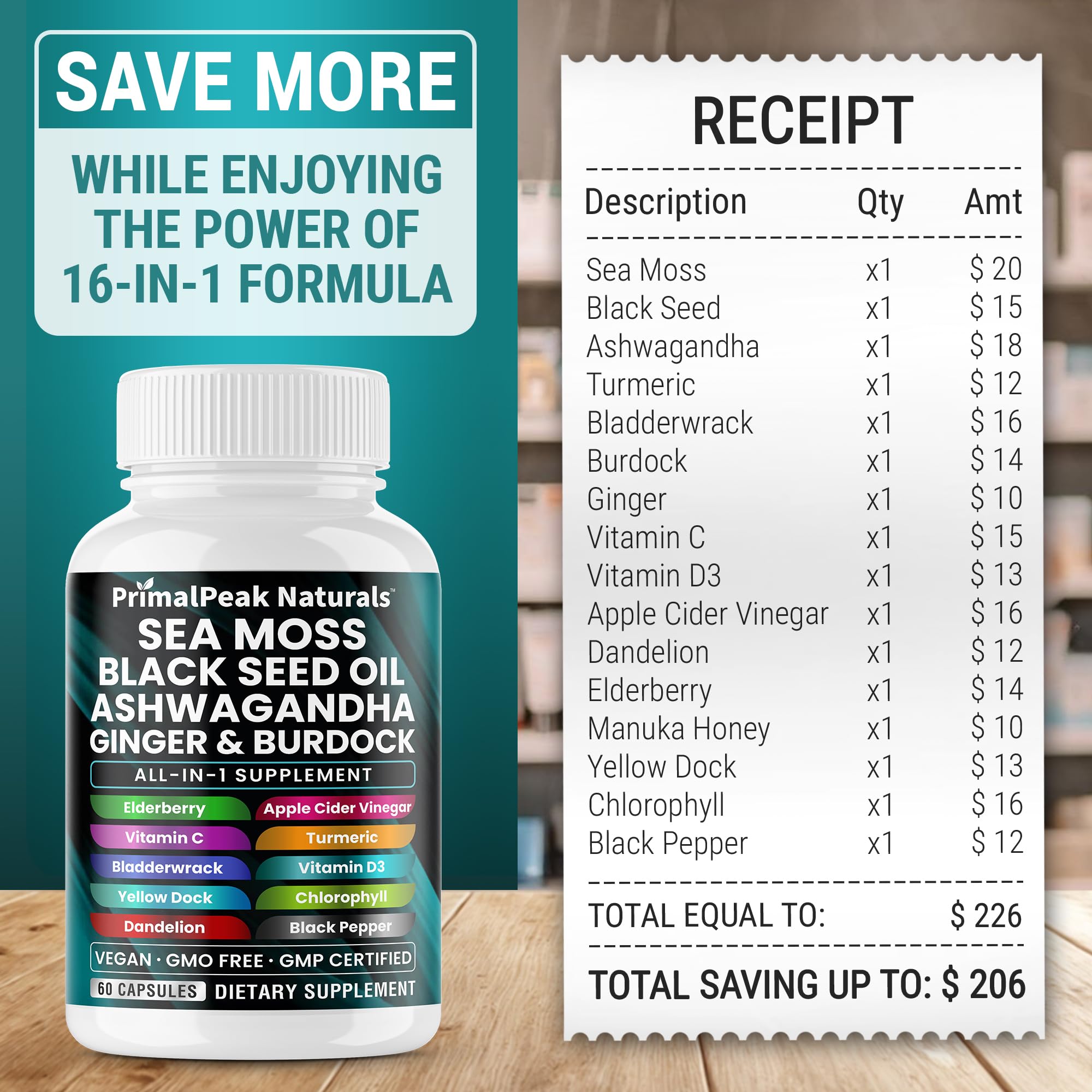 PrimalPeak Naturals Sea Moss Black Seed Oil Ashwagandha Ginger Burdock Bladderwrack Turmeric & Vitamin C Vitamin D3 with ACV Elderberry Chlorophyll Dandelion Yellow Dock Vegan Capsules - 60 Count PrimalPeak Naturals buy supplements canada