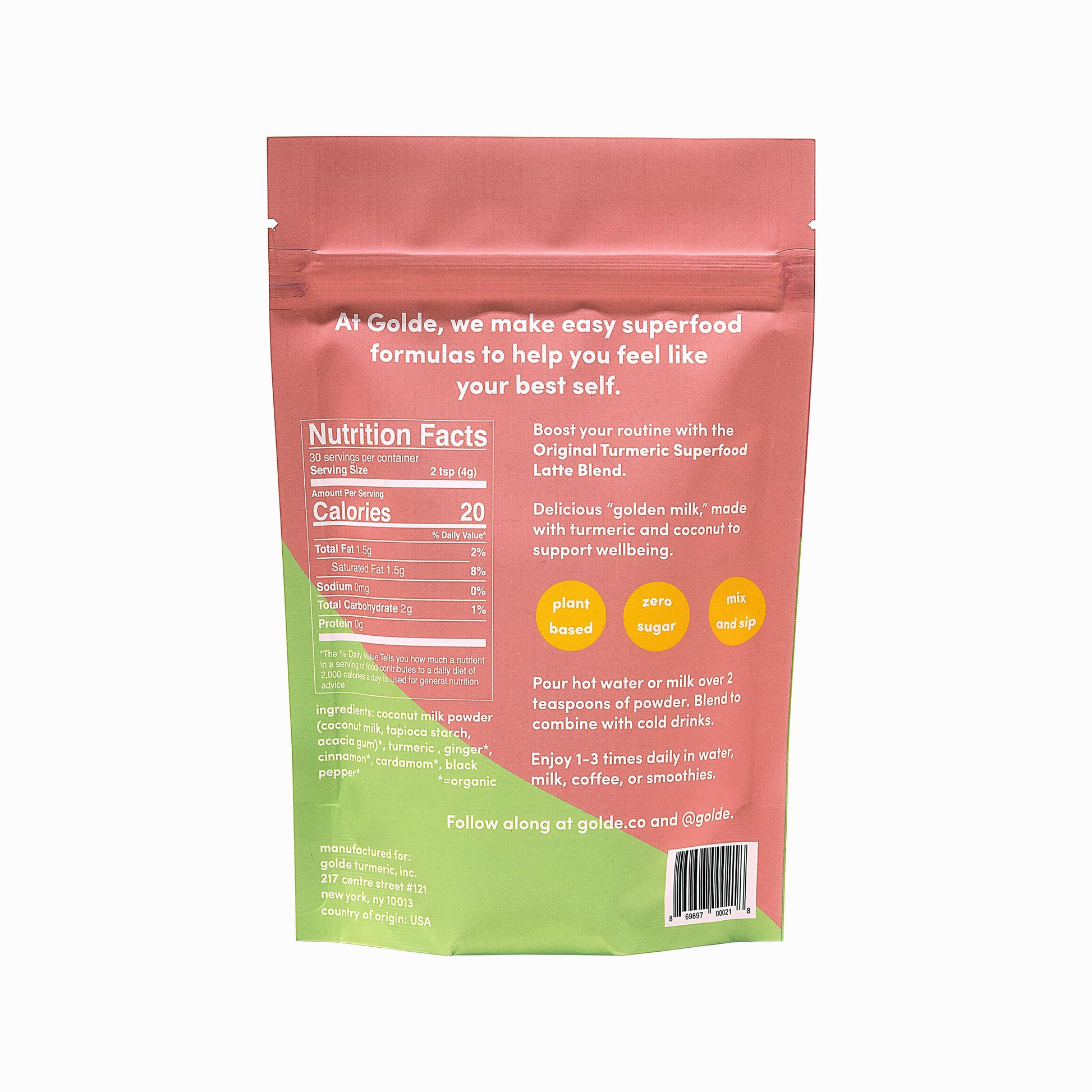 GOLDE - Superfood Latte Blend - Original Turmeric - Plant-Based w/Coconut, & Ginger - Vegan, Keto, Sugar-Free - 30 Servings GOLDE buy supplements canada