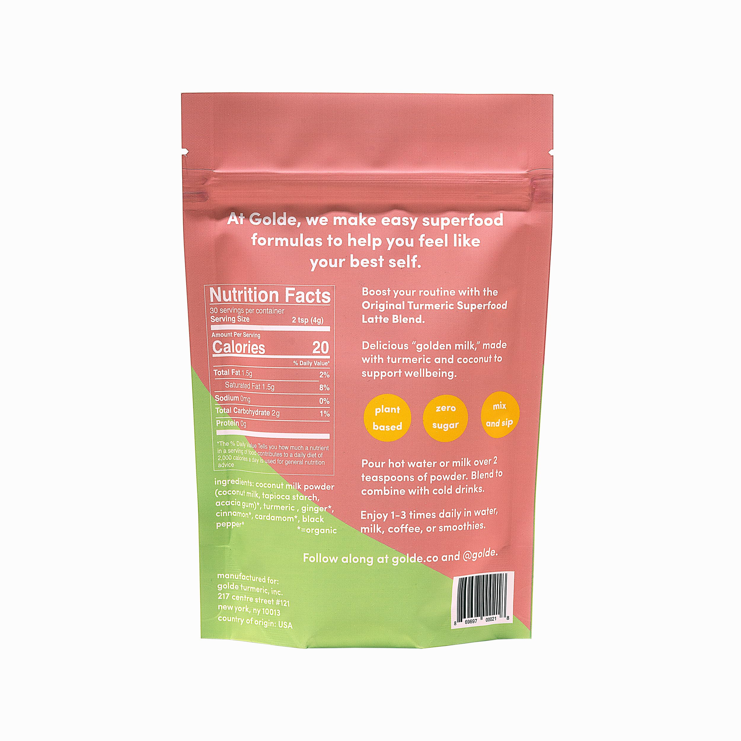 GOLDE - Superfood Latte Blend - Original Turmeric - Plant-Based w/Coconut, & Ginger - Vegan, Keto, Sugar-Free - 30 Servings GOLDE buy supplements canada