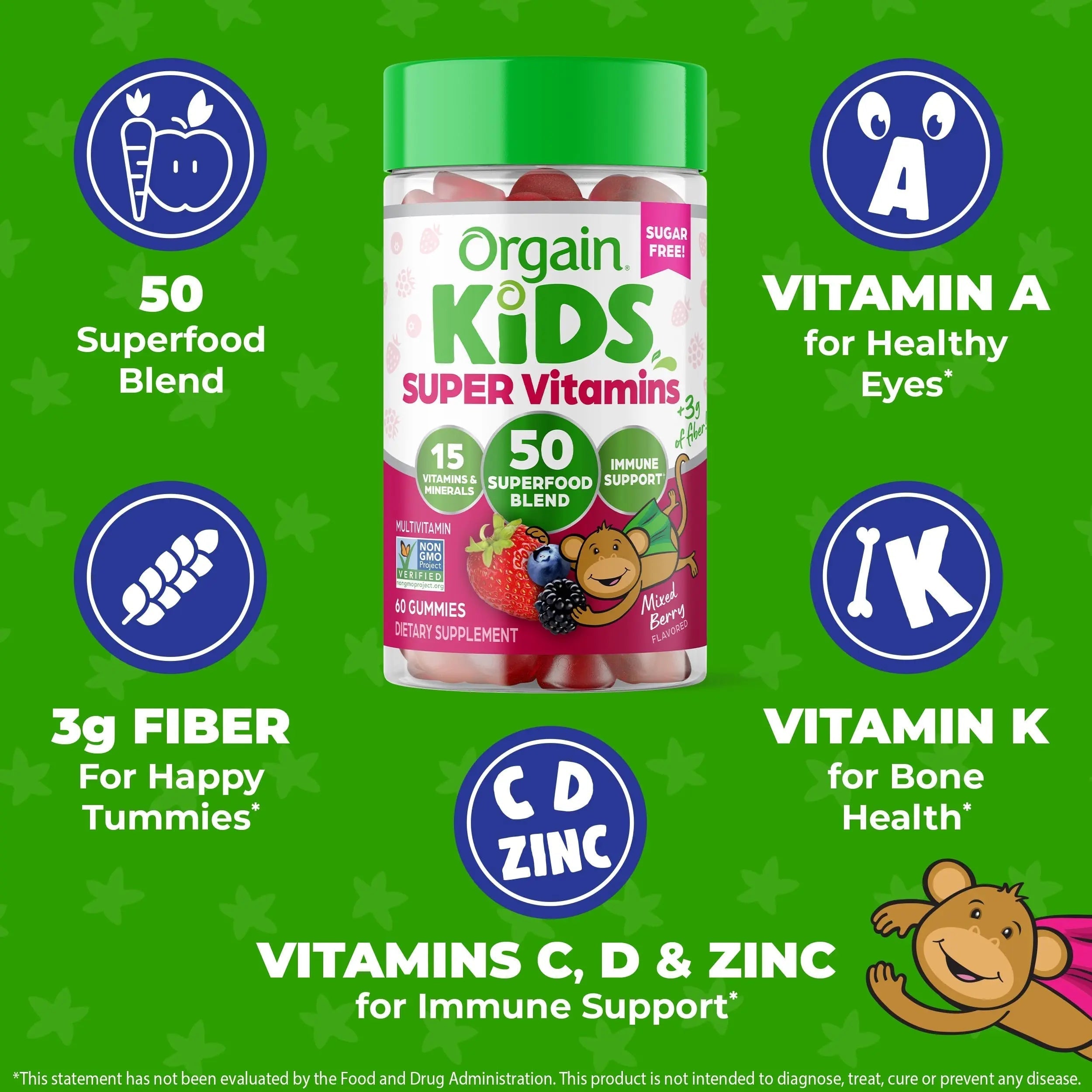 Orgain Kids Sugar Free Multivitamin Gummies, Vegan & Plant Based, 50 Superfoods, 15 Vitamins and Minerals, Immune Support and 3g of Fiber Orgain buy supplements canada