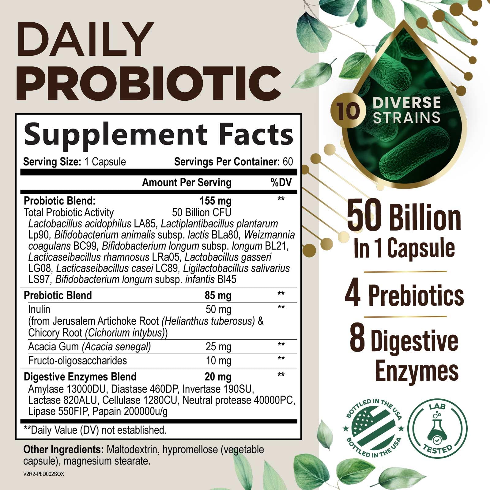 Probiotics 50 Billion CFU per Serving - 10 Strains + Prebiotics - Digestive Health, Gut & Immune Support - Occasional Constipation, Gas & Bloating Support for Women & Men, Bottled USA - 60 Capsules Health Nutrition Naturals buy supplements canada