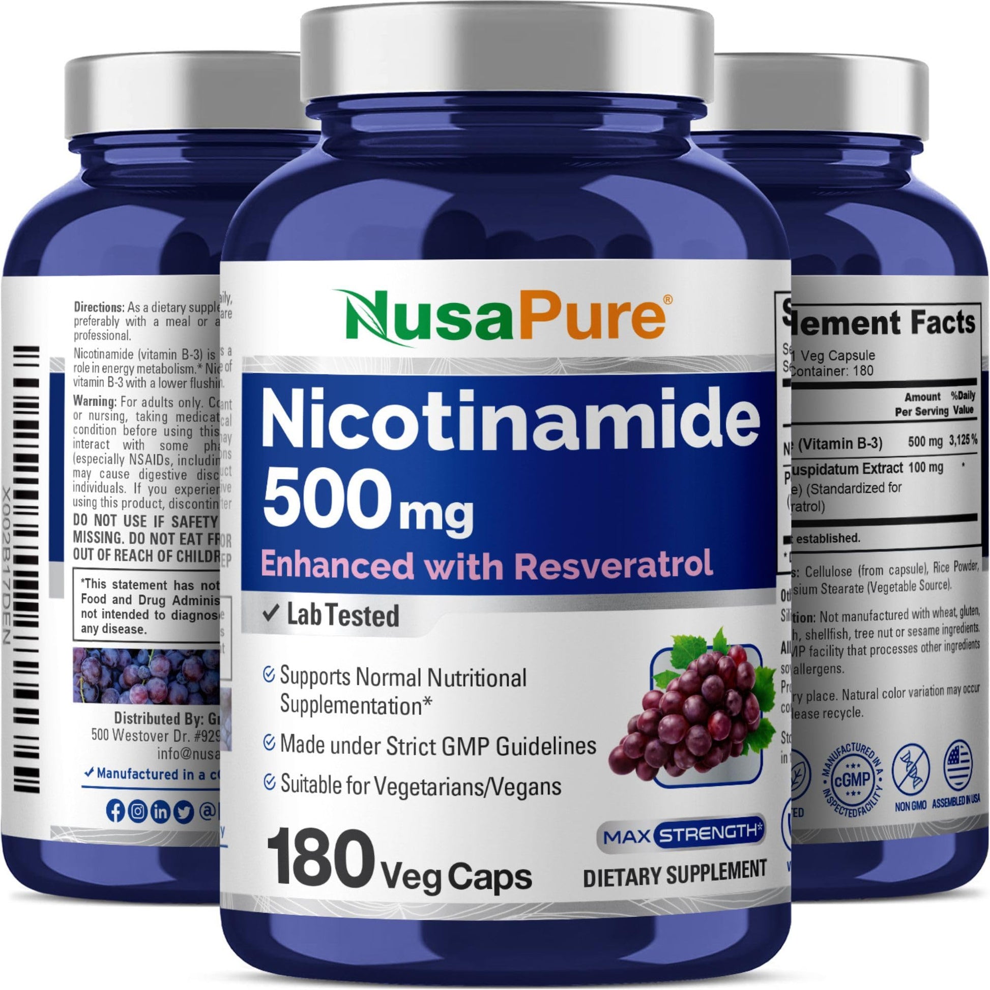 NusaPure Nicotinamide with Resveratrol (Vitamin B-3) 500 mg - 180 Vegetarian Caps (Non-GMO & Vegan) NusaPure buy supplements canada