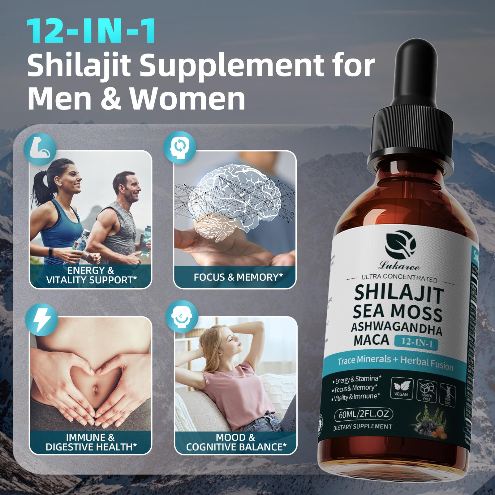 Shilajit Liquid Drops, 12-in-1 Complex - Sea Moss, Ashwagandha, Maca, Fulvic Acid, Trace Minerals, Liquid Vitamins Supplement for Men and Women, Energy, Antioxidant, Immune Support, 60ML/2 FL Oz Lukaree buy supplements canada