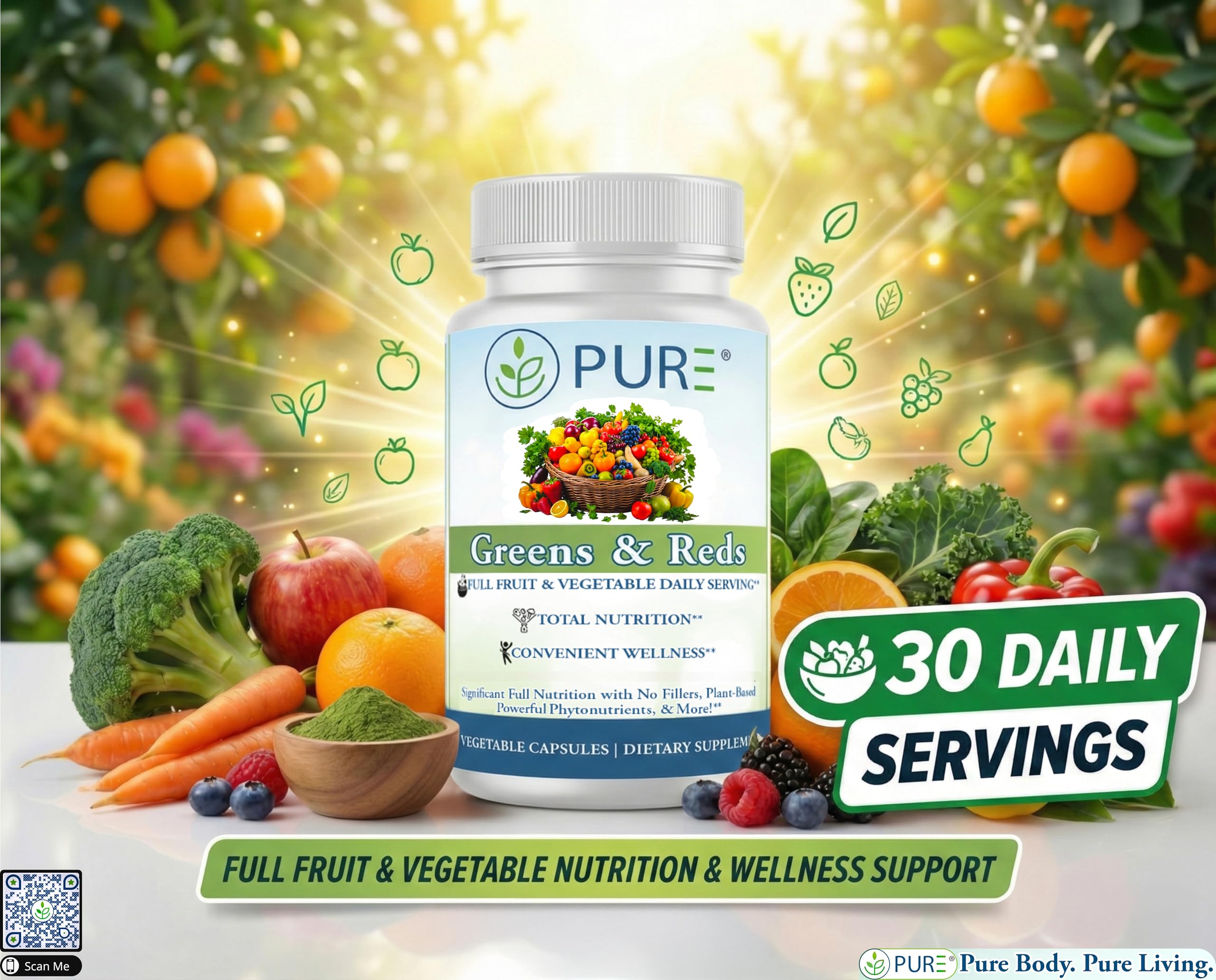 PURE® Greens & Reds Capsules - 30 Servings - 9 Daily Servings of Fruits & Vegetables in 1 Capsule - PhytoServ® Superfood Blend with Broccoli, Kale & Berries - Plant-Based Phytonutrient Shield PURE buy supplements canada