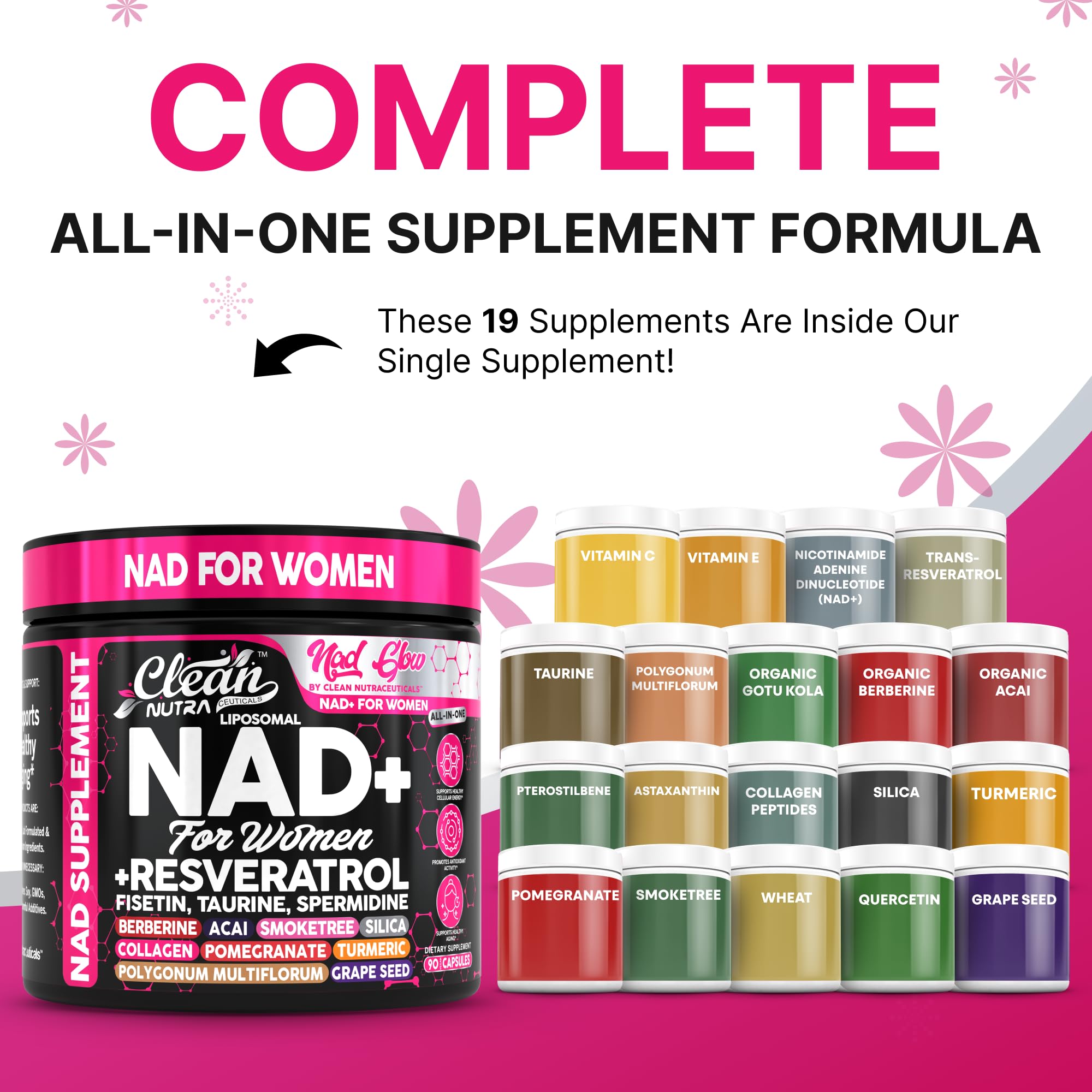 NAD+ Resveratrol Supplement for Women NAD Turmeric Vitamin C Acai Pomegranate Collagen Peptides Nicotinamide Riboside Fisetin Vitamin E Polygonum Multiflorum Berberine 90 Capsules by Clean Nutra Clean Nutraceuticals buy supplements canada