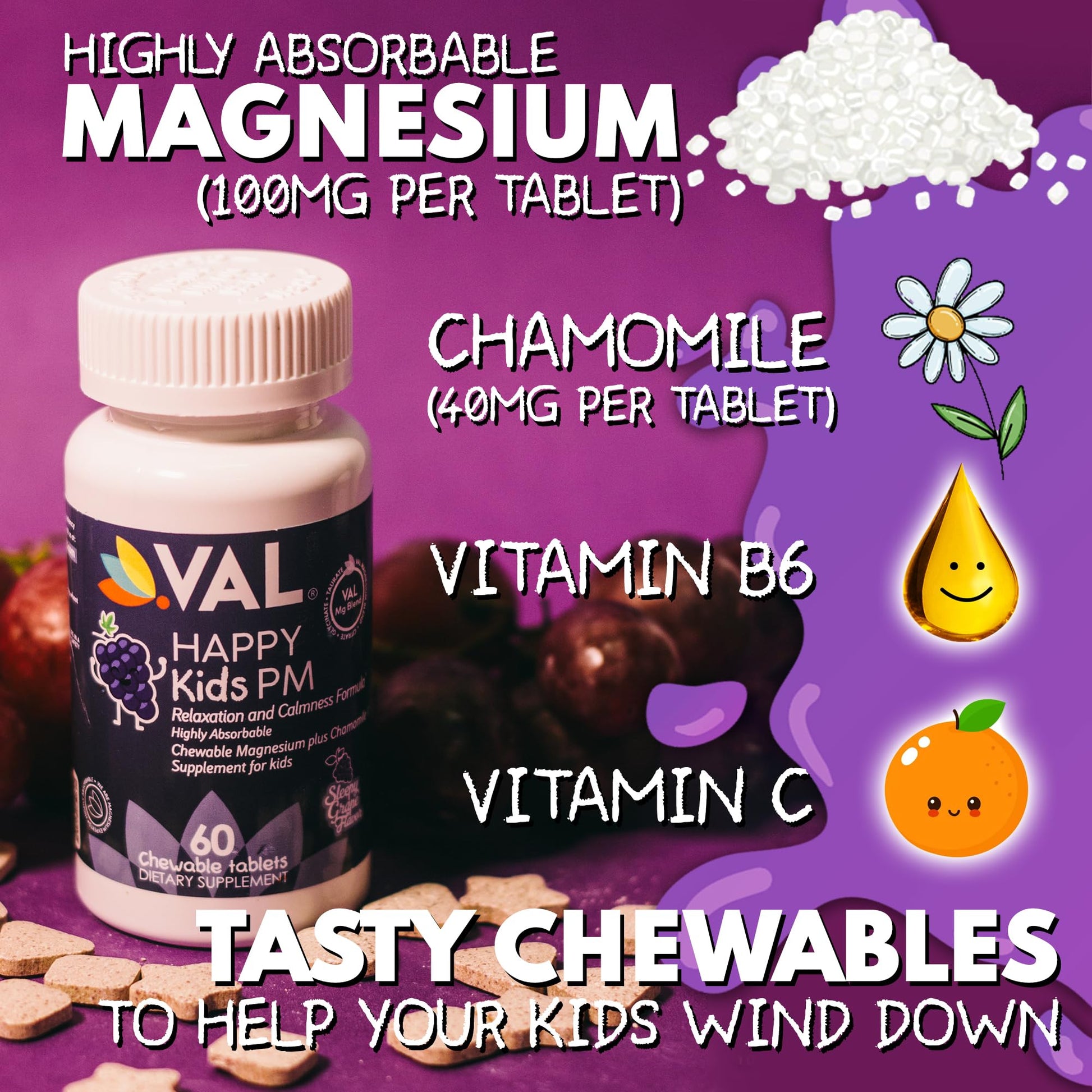 VAL Kids PM Magnesium Gummies | Sugar-Free Chewable Tablets with Chamomile, Magnesium Glycinate + Citrate + Taurate | Vitamin B6 & C | Natural Grape Flavor | Sleep & Calm Support | 60 Ct | Ages 4+ VAL buy supplements canada